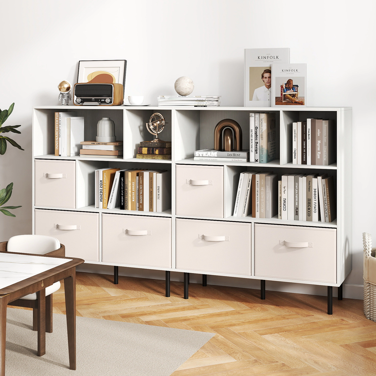 SUGIFT 6-Cube White Cube Storage Organizer Bookshelf with 3 Removable Folding Fabric Drawers and Metal Legs