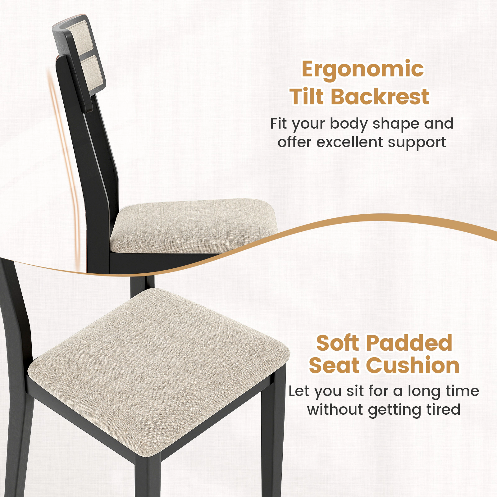 SUGIFT Black Modern Tilt Backrest Padded Seat and Rubber Wood Legs Set of 4 Dining Chairs