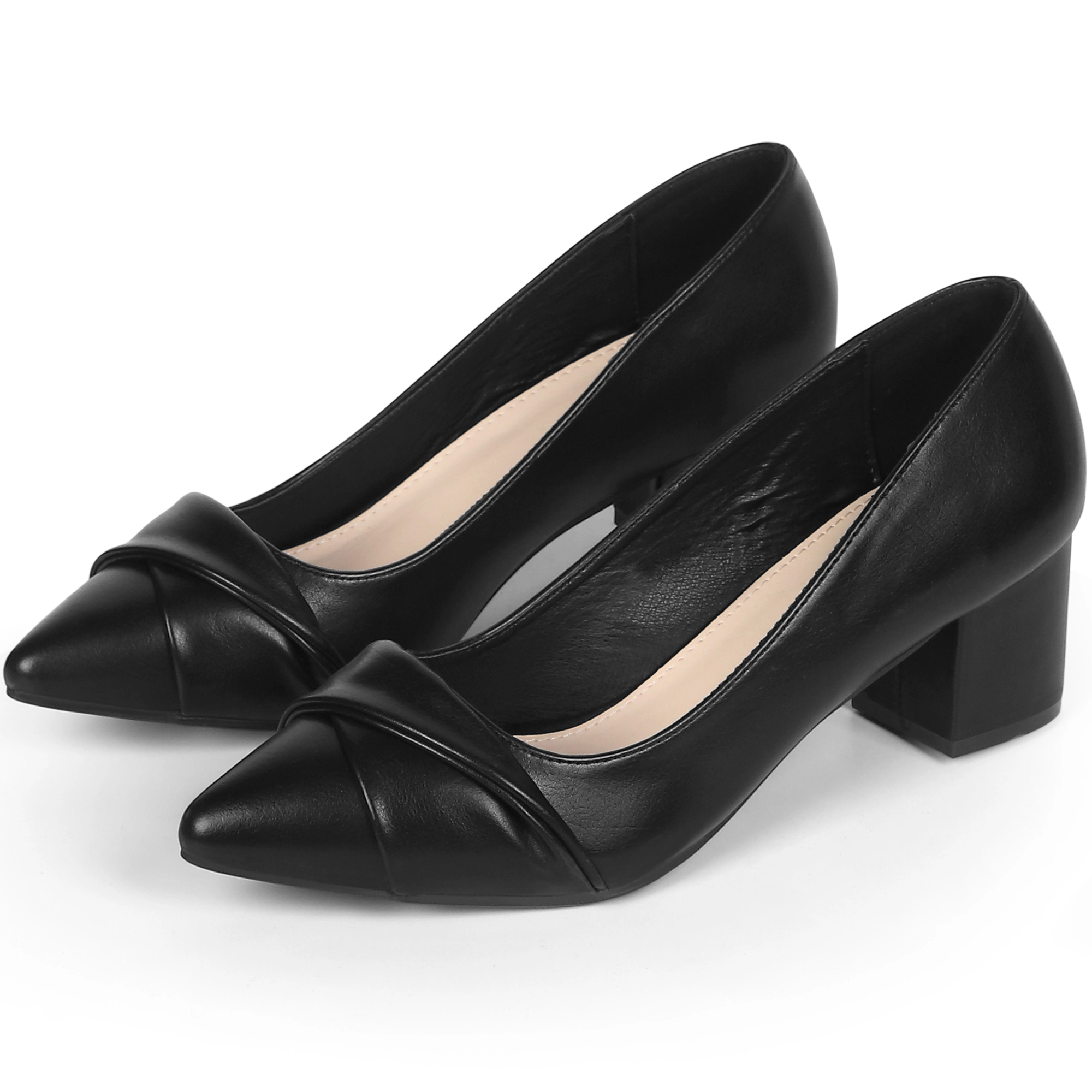 BLISSFUL STEP Women Faux Leather Pointy Toe Chunky Heel Slip On Pumps