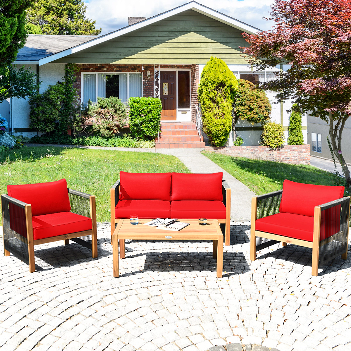 LJG 4 Pieces Wood Outdoor Patio Furniture Set with Cushions for Garden