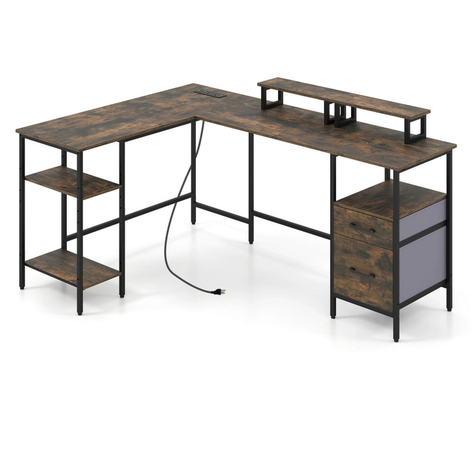 SUGIFT 155-lb Capacity Rustic Brown Reversible L-Shaped Desk with 2 Fabric Drawers and Monitor Stands