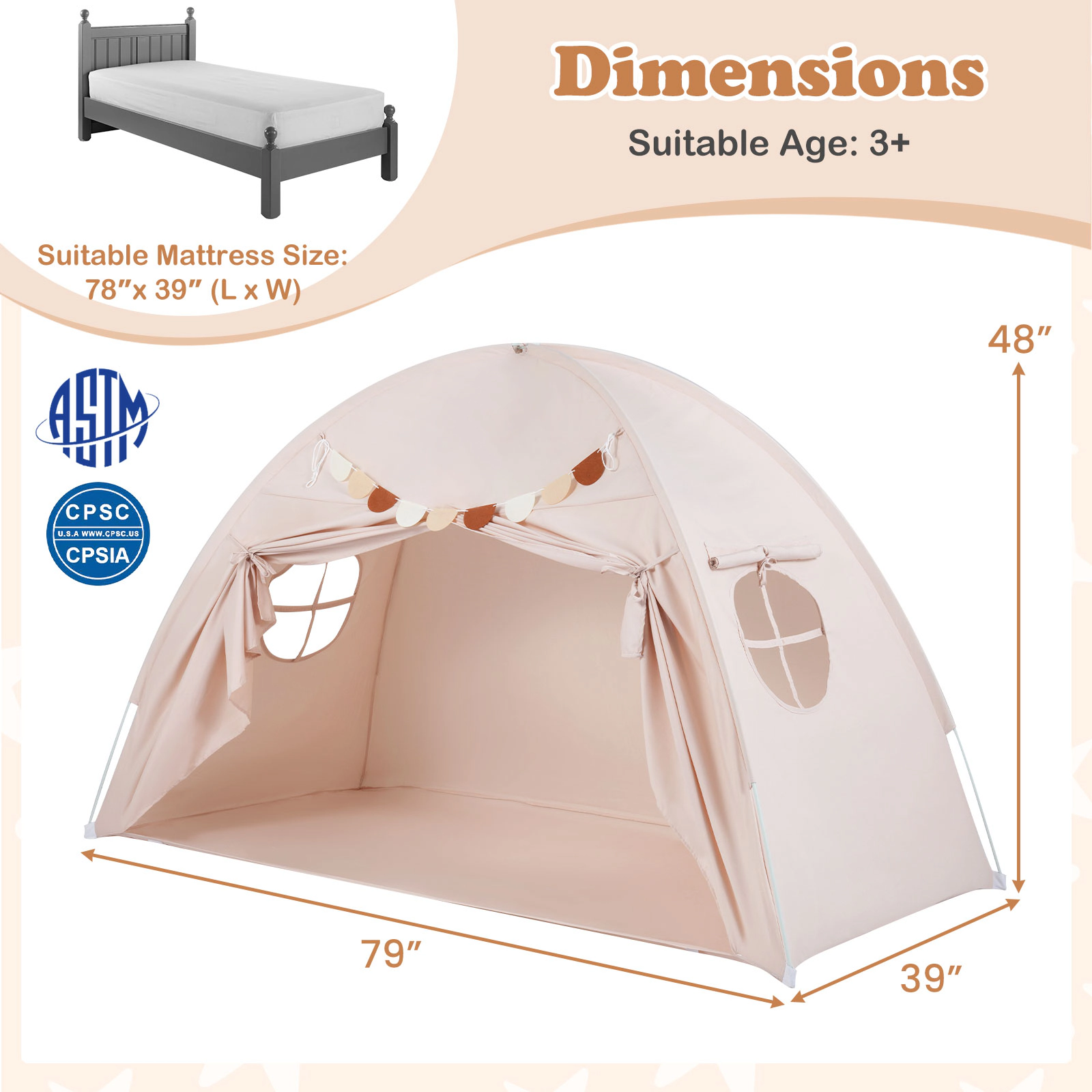SUGIFT Indoor Canopy Tent for Kids Fits Twin Size Mattress Ages 3+ Beige Brushed Fabric