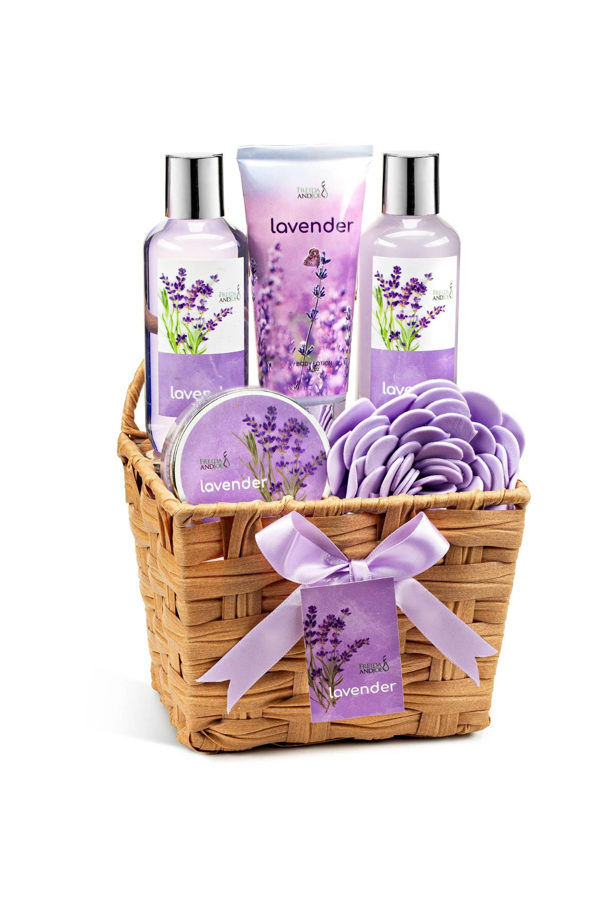 Freida and Joe Women Lavender Bath & Body 6pc Set Wicker Spa Basket For Spa Relaxation