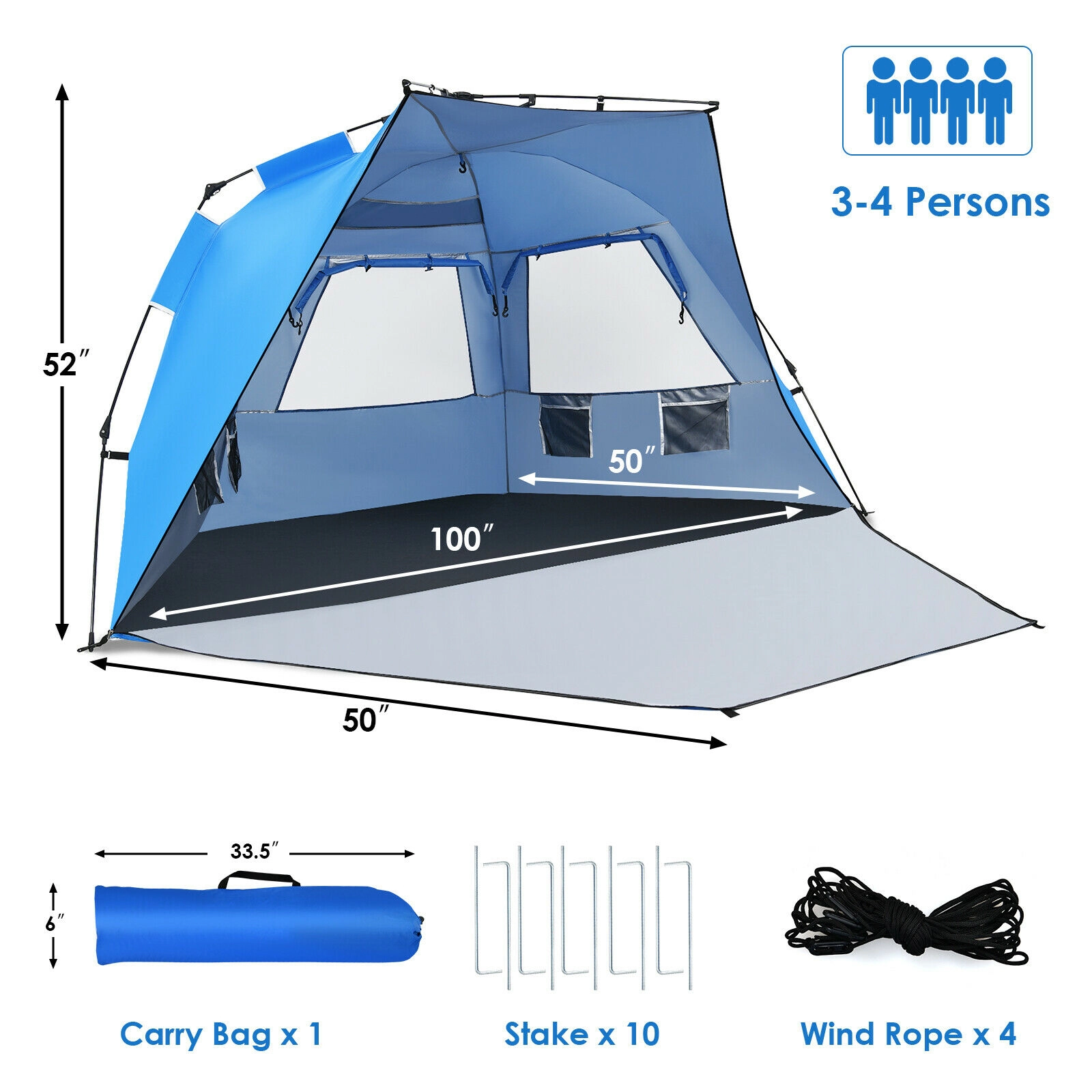 SUGIFT 3-4 Person Blue UPF 50+ Pop Up Beach Tent with Extendable Floor and 50-in Porch 100-in W 50-in D 52-in H