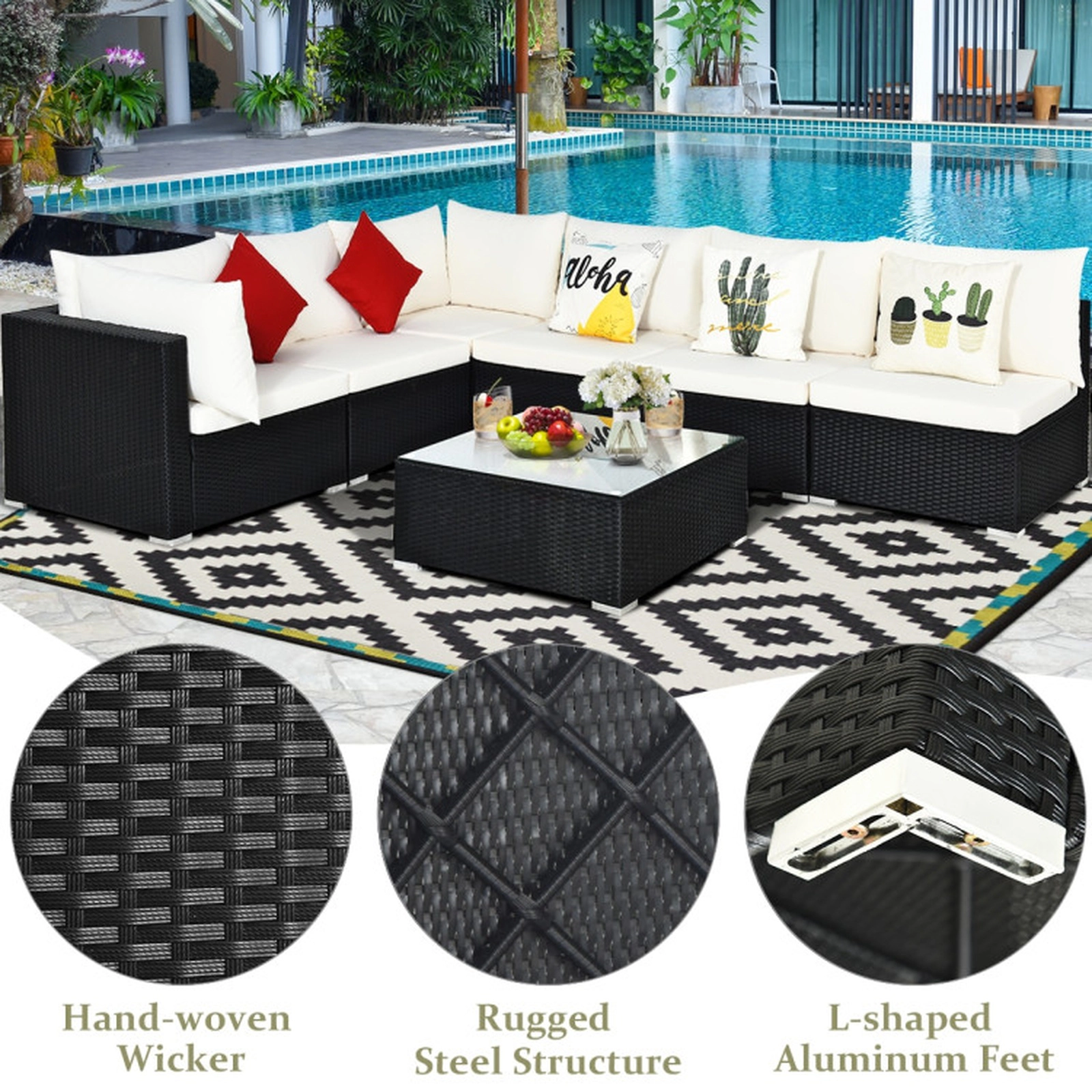 SUGIFT 7-Piece Beige PE Wicker Patio Sectional Sofa Set with Tempered Glass Table