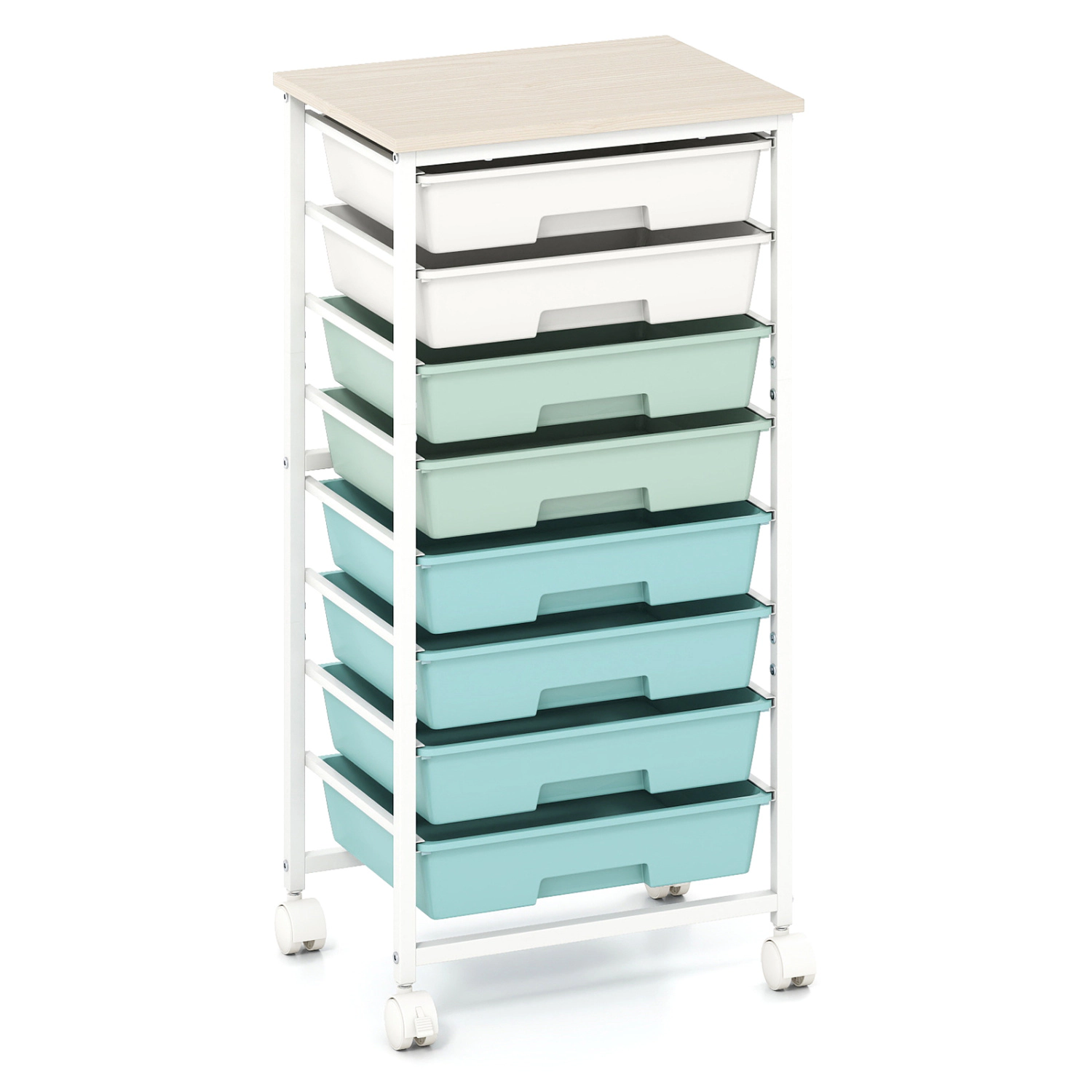 LJG Rolling Cart with 8 Drawers and Wooden Tabletop Lockable Wheels for Home Office