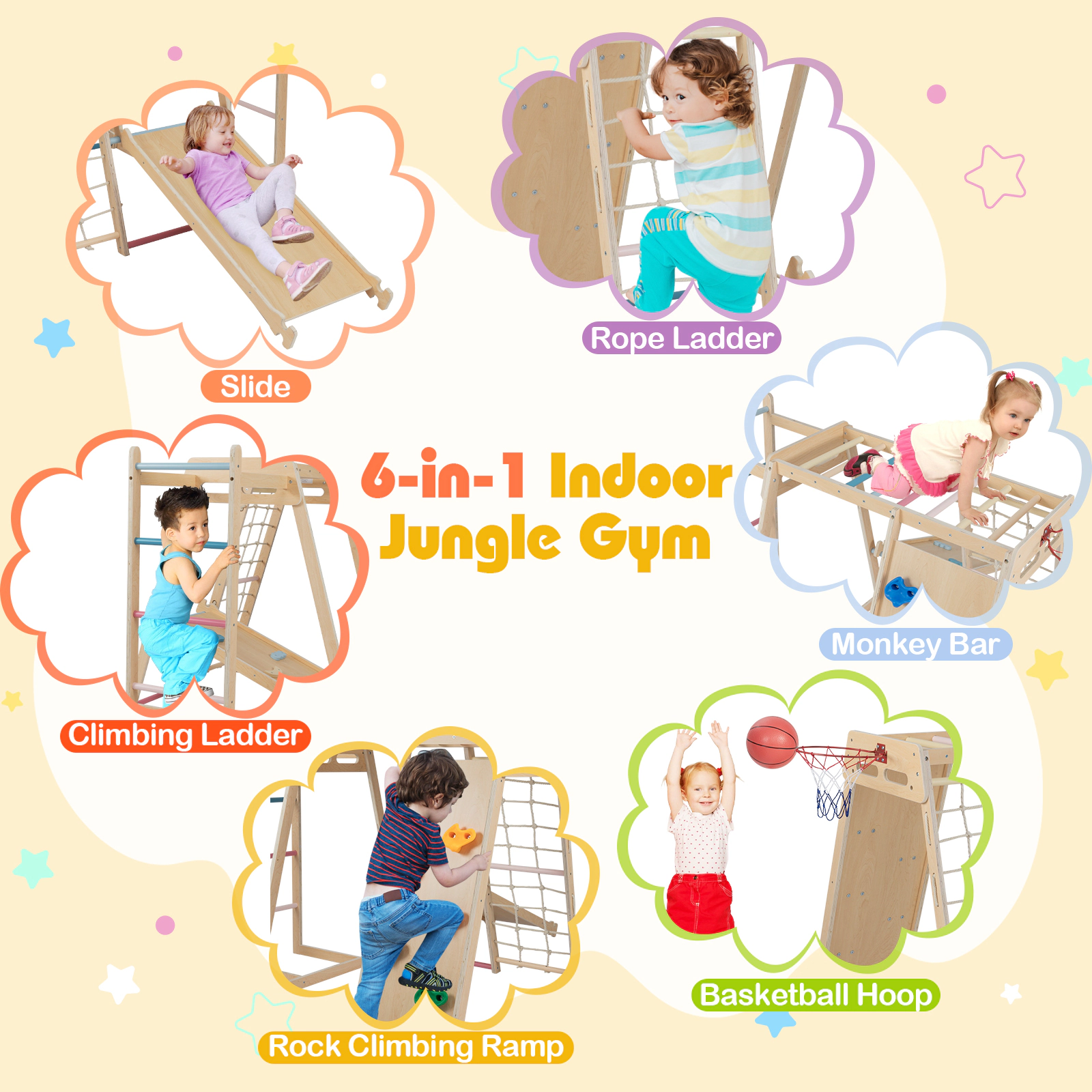 LJG Kids Indoor Playground 6-in-1 Jungle Gym for 3-14 Years Olds
