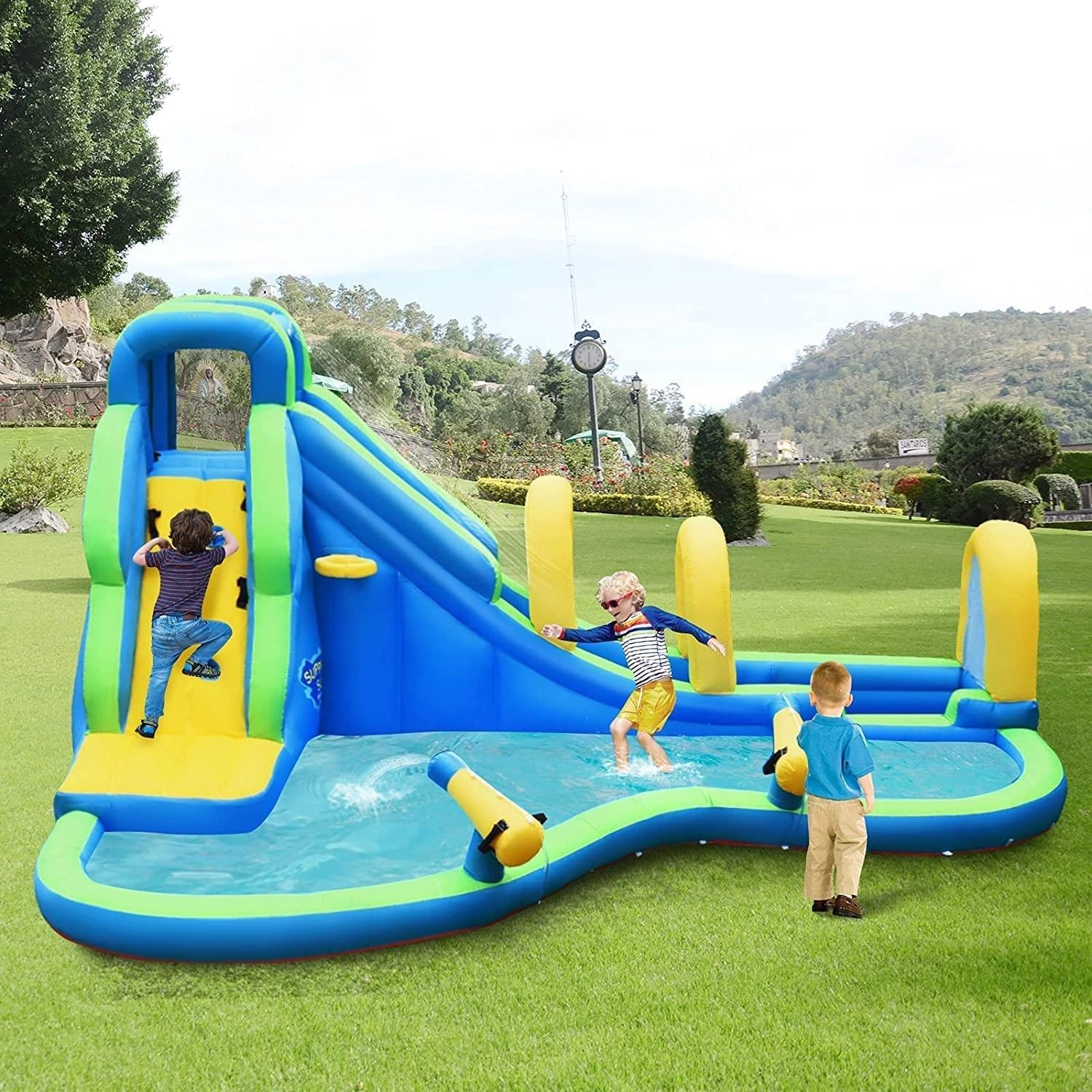 SUGIFT Blue 188-in Multifunctional Inflatable Water Bounce House with Slide and 735W Blower for Backyard
