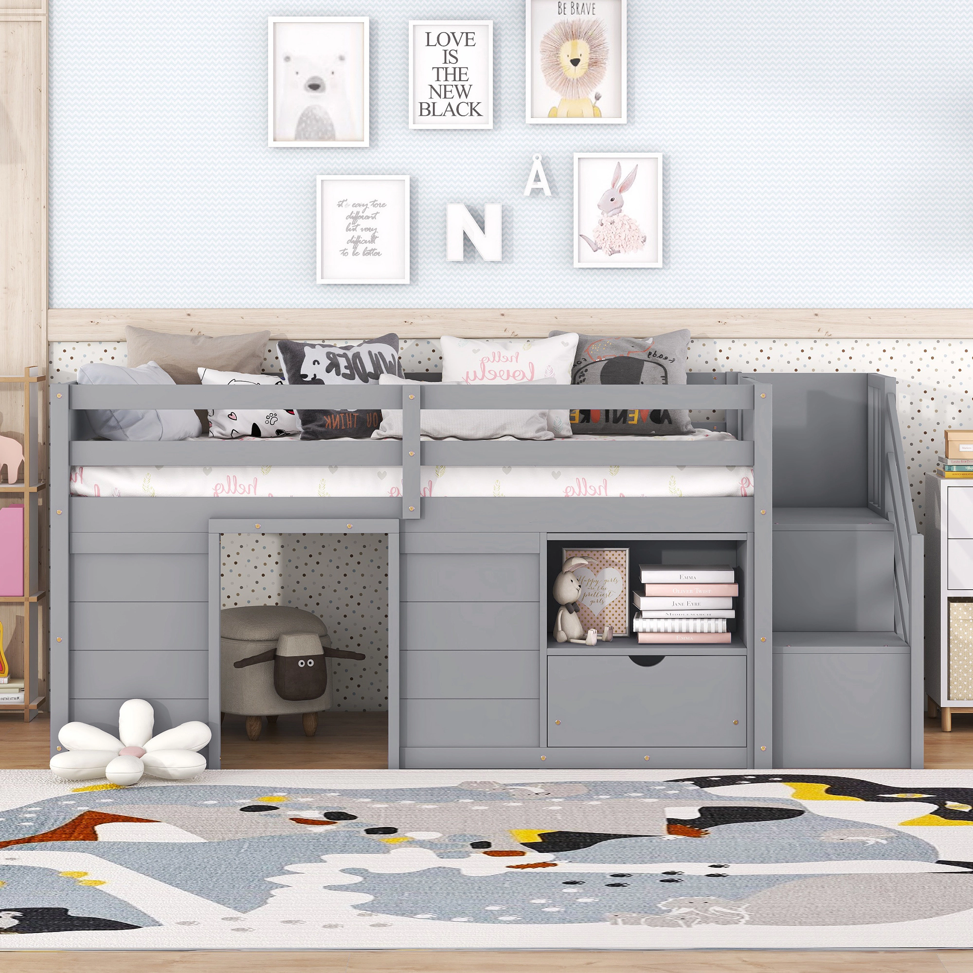 Flynama Twin Low Loft Bed, Solid Wood with Stair, Drawer & Shelf, Grey