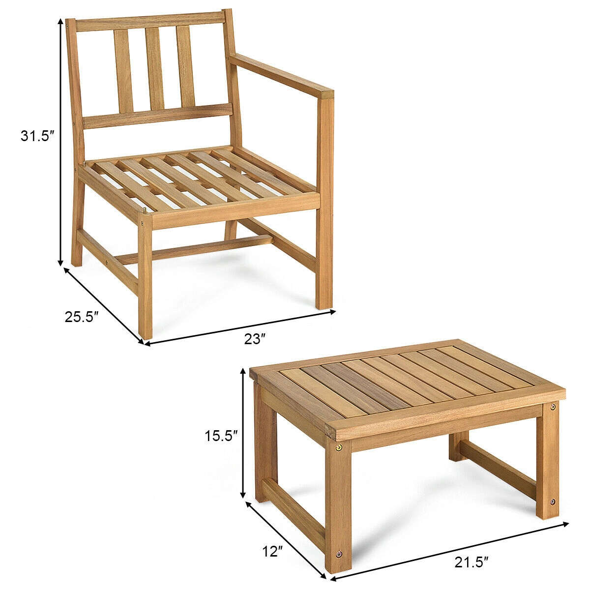 SUGIFT 3-in-1 Acacia Wood Loveseat Conversation Set with Separable Coffee Table 355-lb Chair Capacity Natural Teak