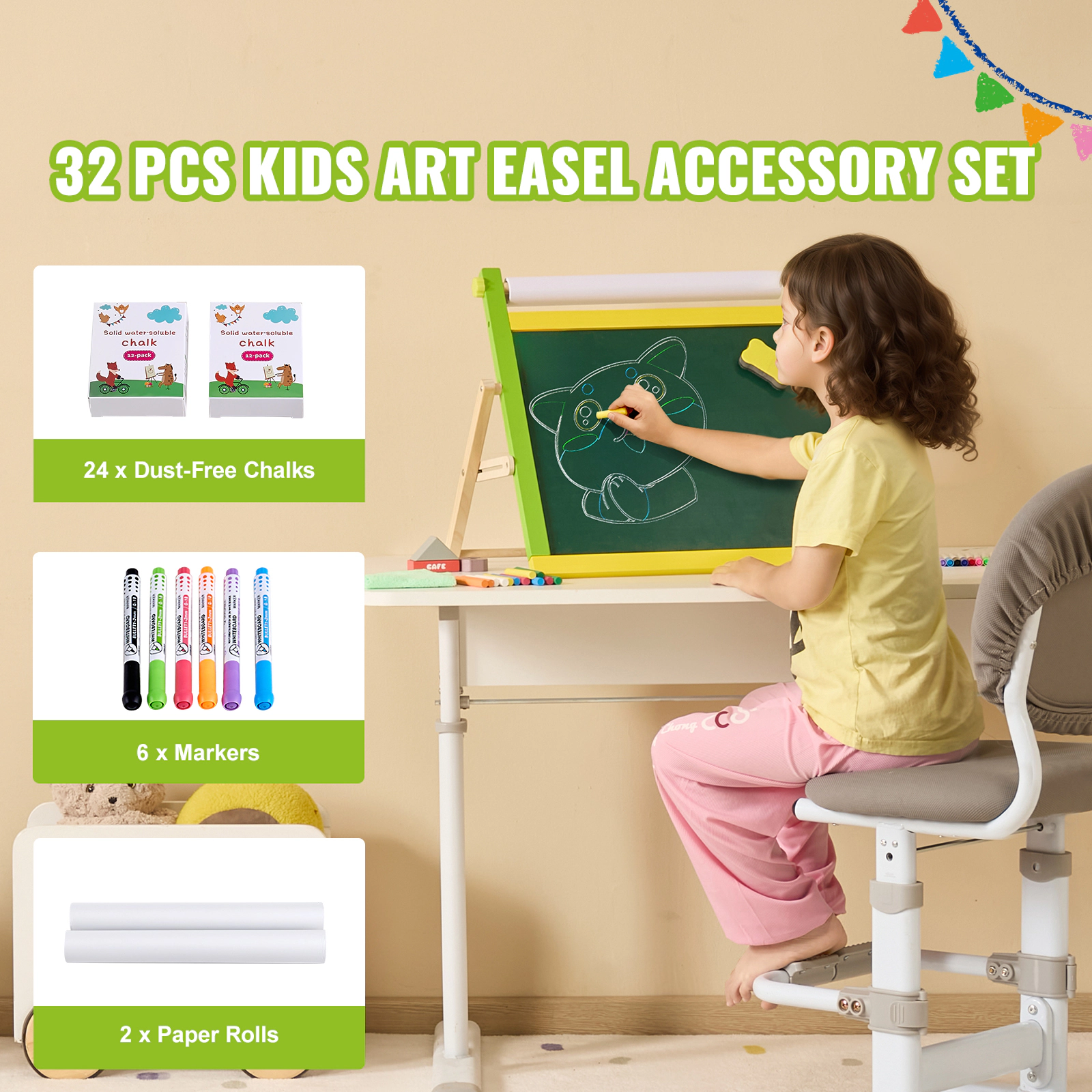 HONGGE Easel Accessory Set, 32 PCS Kid's Art Easel Painting Kit Including Chalks, Dry-Erase Markers & Paper Rolls