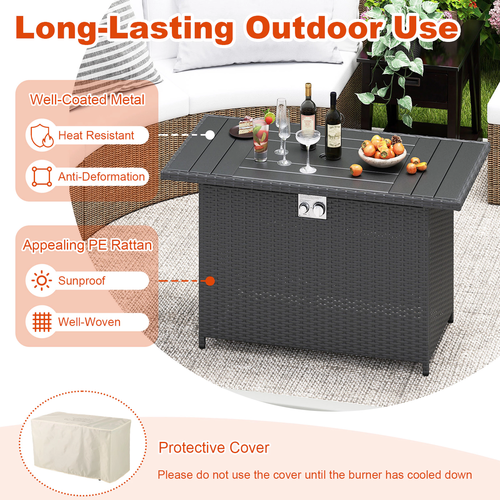 SUGIFT 44.5-in Propane Rattan Gas Fire Pit Table 50,000 BTU 220-lb Tabletop Capacity 2-in-1 Stainless Steel Burner Black