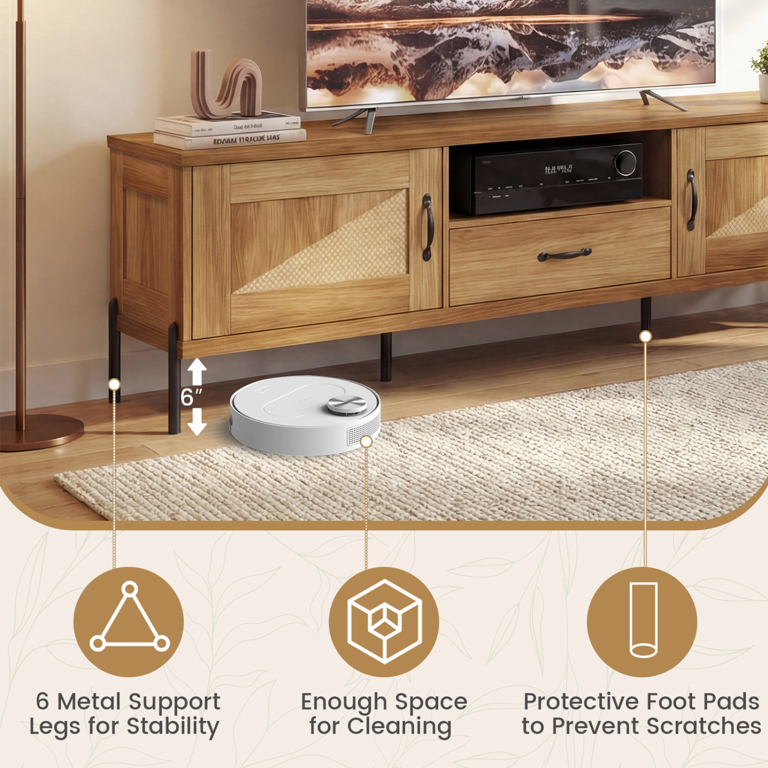 Glintex 72-Inch Rattan Media Console with 2 Cabinets and Large Drawer, Natural