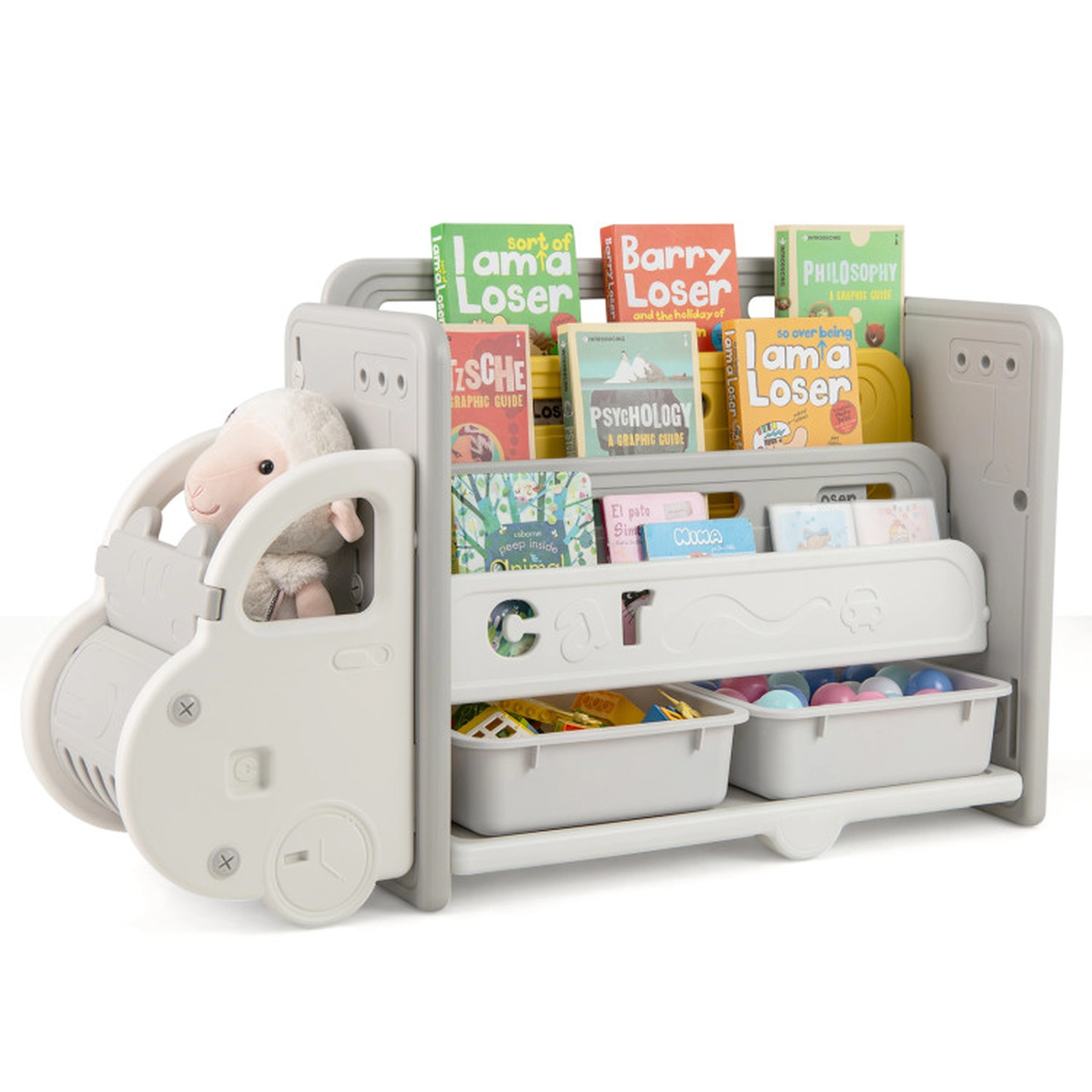 SUGIFT Kids Car Shaped 3-Tier 2 Removable Boxes Toy Storage Bookshelf 42.5-in x 14-in x 25-in Ages 3+ Beige Gray