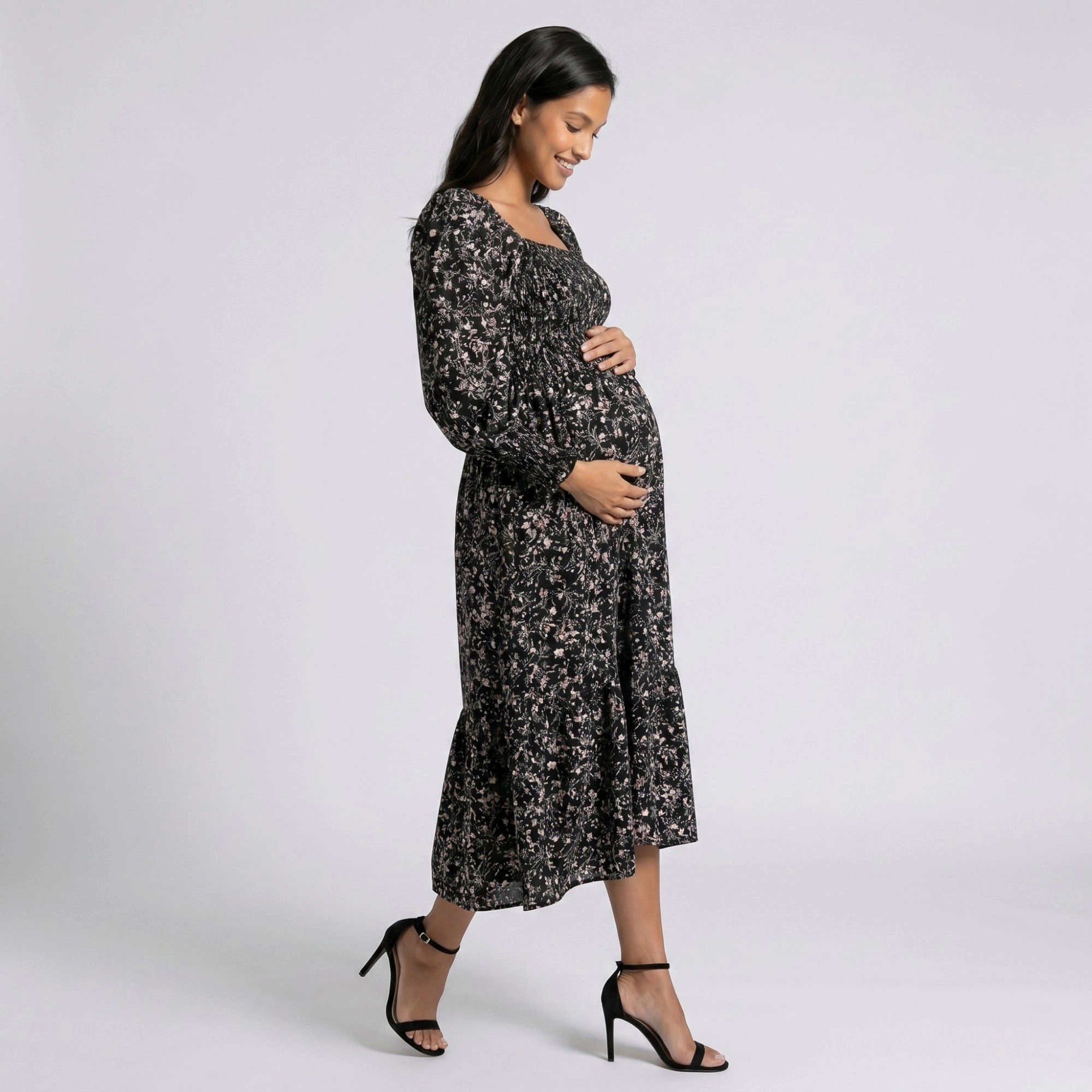 Anna-Kaci Women's Maternity Floral Square Neck Long Sleeve Smocked Bodice Midi Dress