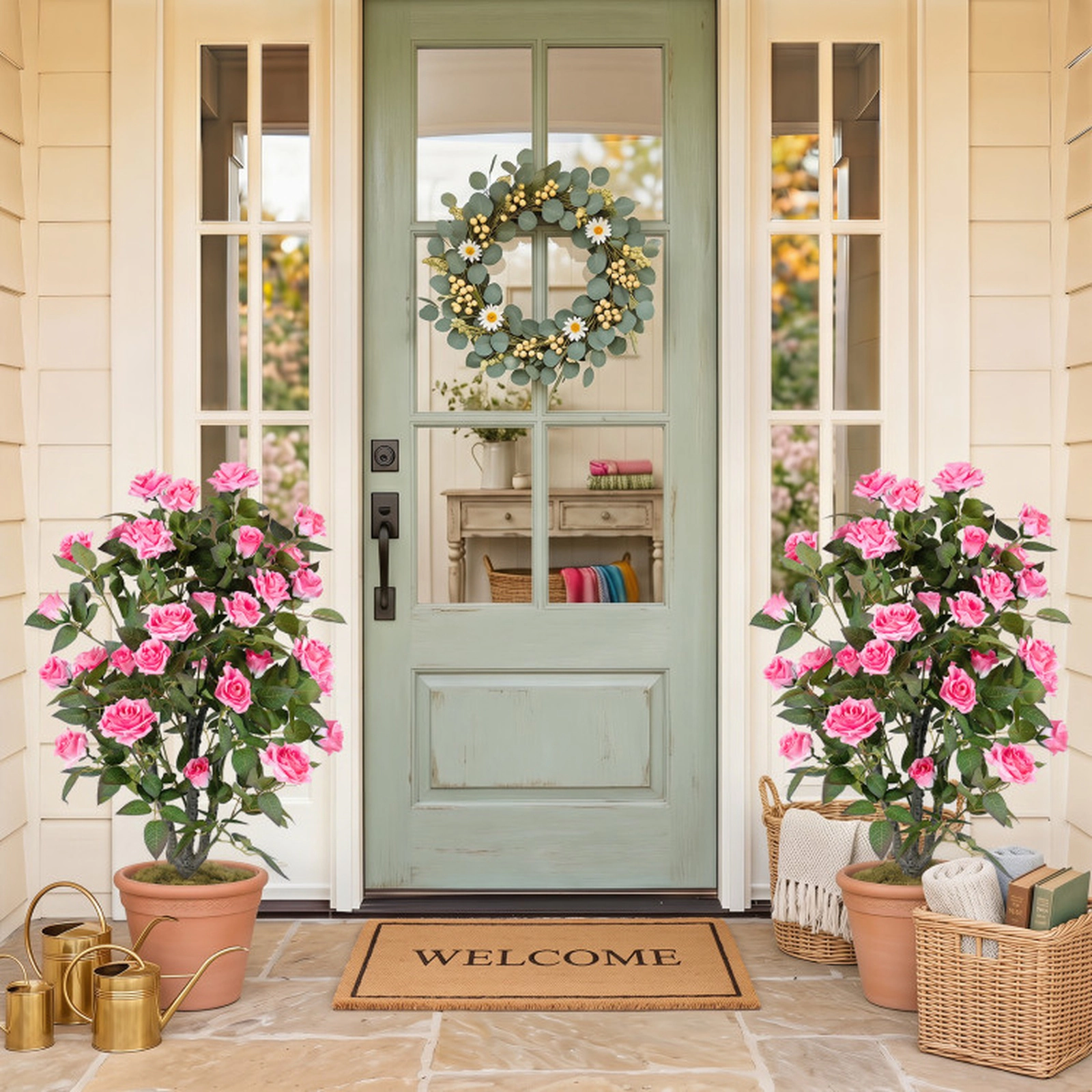 SUGIFT 35.5-in Artificial Rose Tree with Blooming Flowers and Green Leaves 32-Flower Indoor Pink & Green & Black