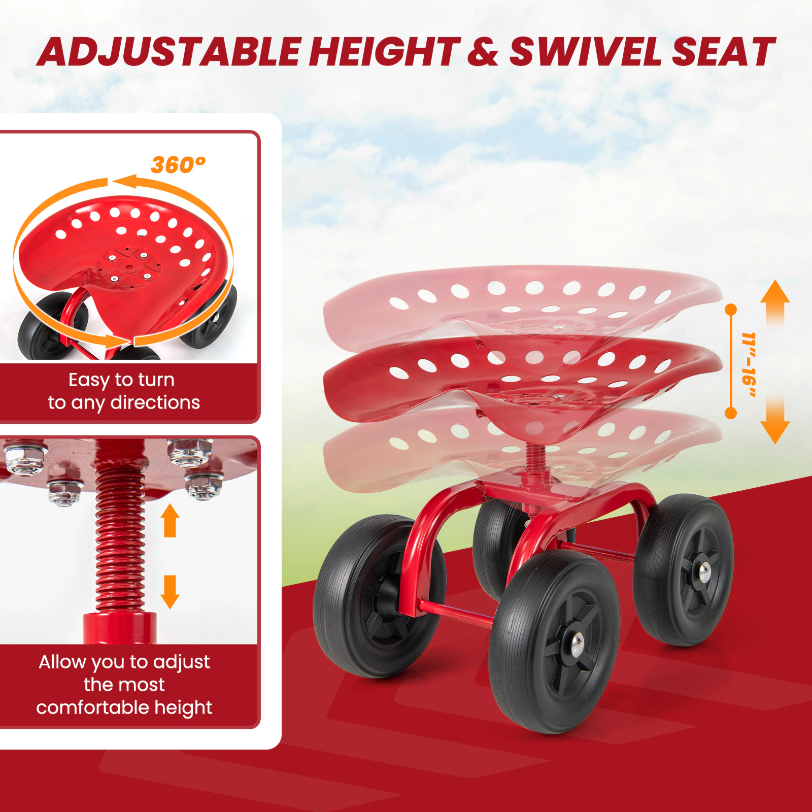 SUGIFT Red 330-lb Capacity Rolling Garden Work Seat Swivel Stool with Height Adjustment and Quiet Wheels