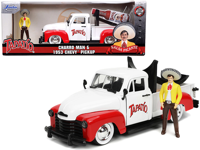 Jada 1953 Chevrolet Pickup Truck White and Red with Charro Man Diecast Figurine "Tapatio" 1/24 Diecast Model Car by Jada