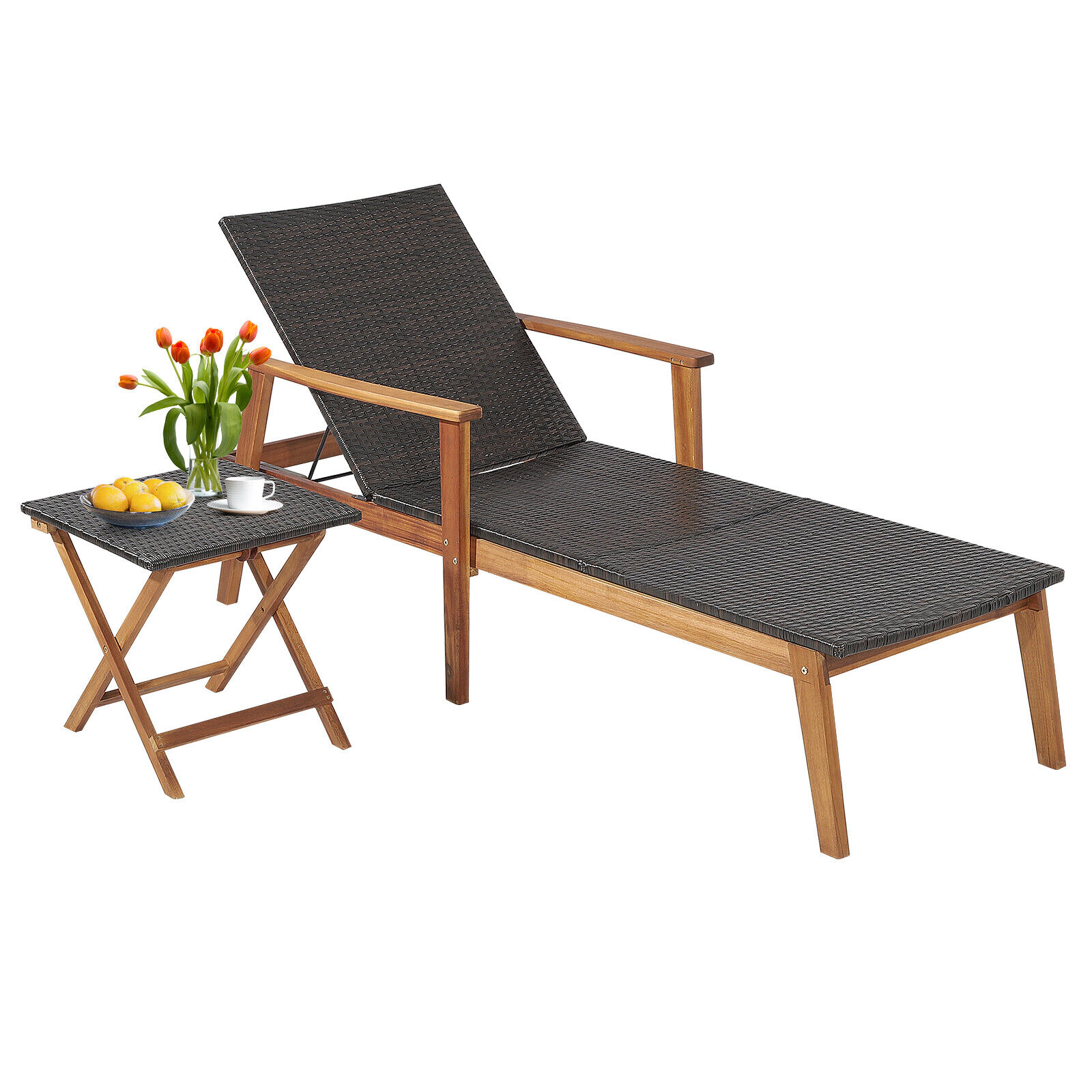 SUGIFT 4-Level Folding Side Table Acacia Wood PE Rattan Patio Chaise Lounge 79-in x 28-in 800-lb Capacity Brown