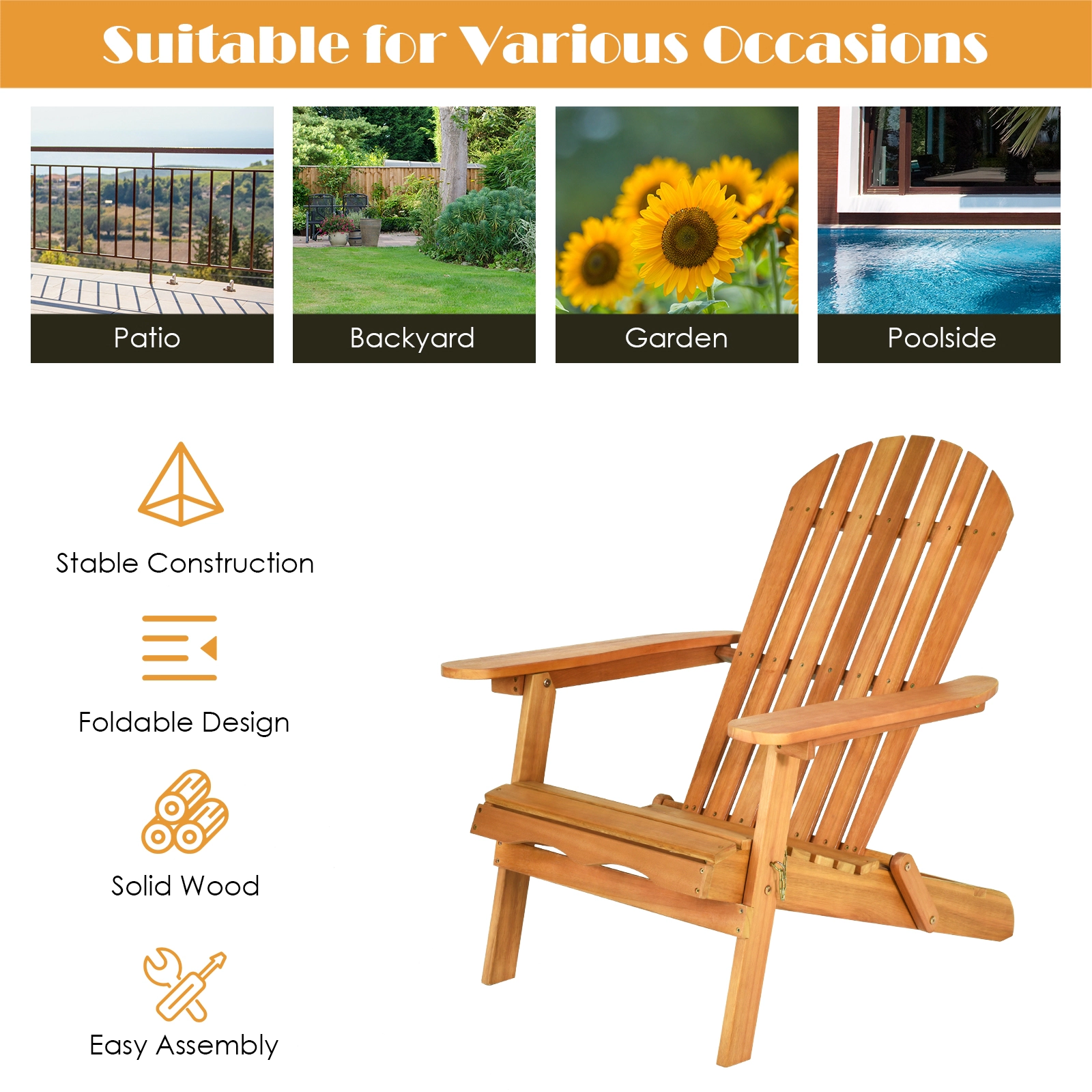 SUGIFT Widened Armrests and Side Table 3-Piece Natural Eucalyptus Adirondack Chair Set