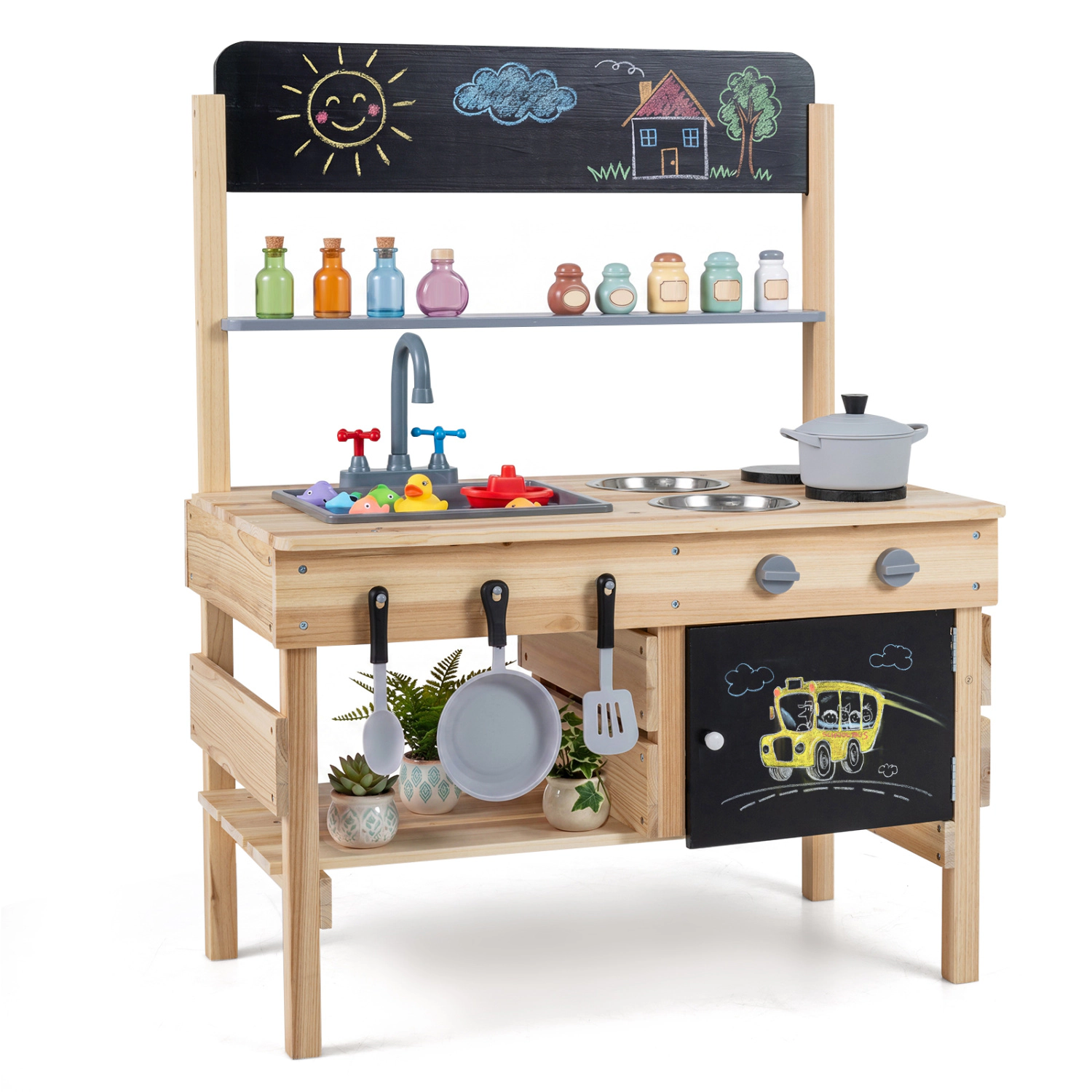 LJG Outdoor Wooden Mud Kitchen for Kids with Sink and Stoves