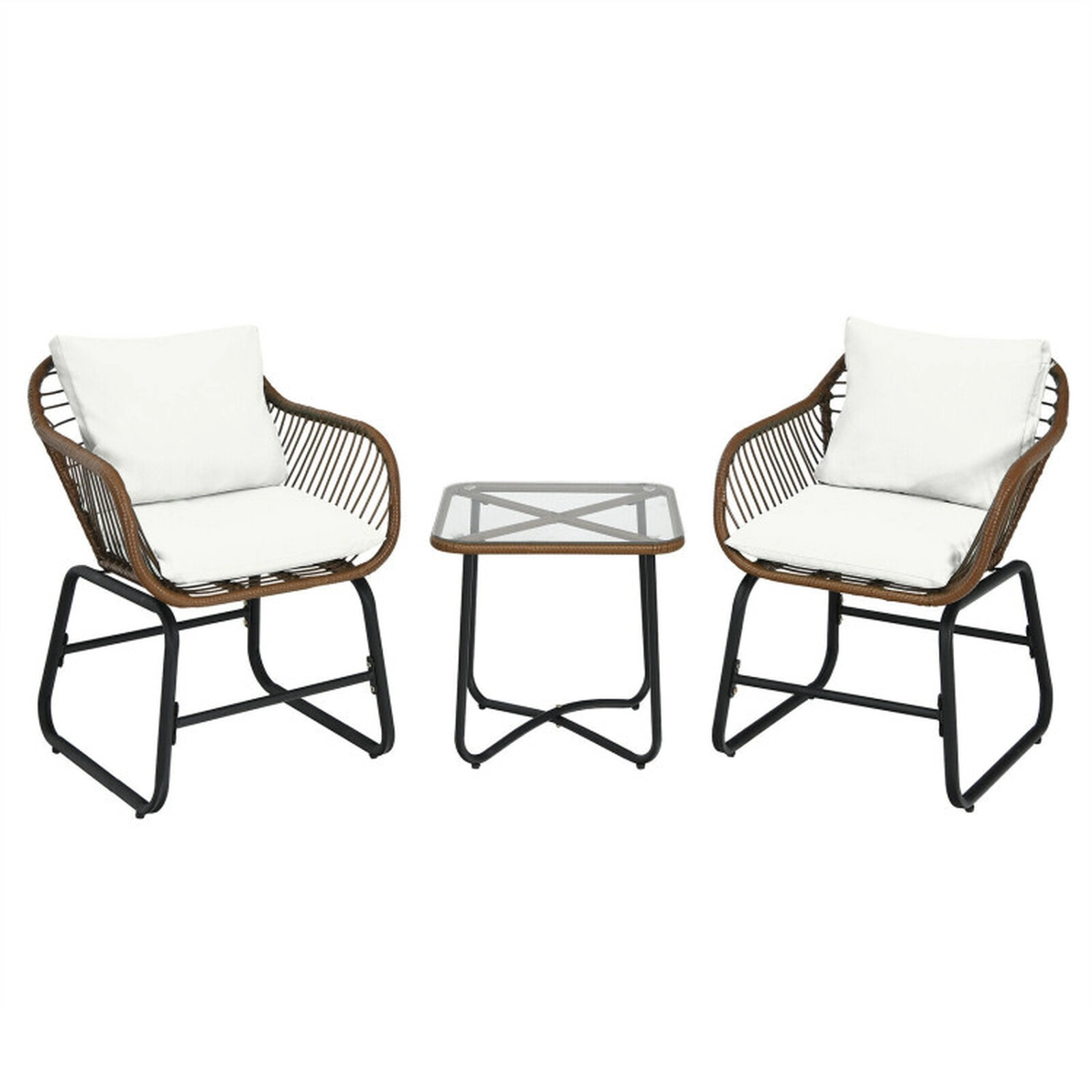 SUGIFT 3-Piece Patio Rattan Bistro Conversation Set with Cushions and Glass Top Table 350-lb Chair Capacity Brown Rattan