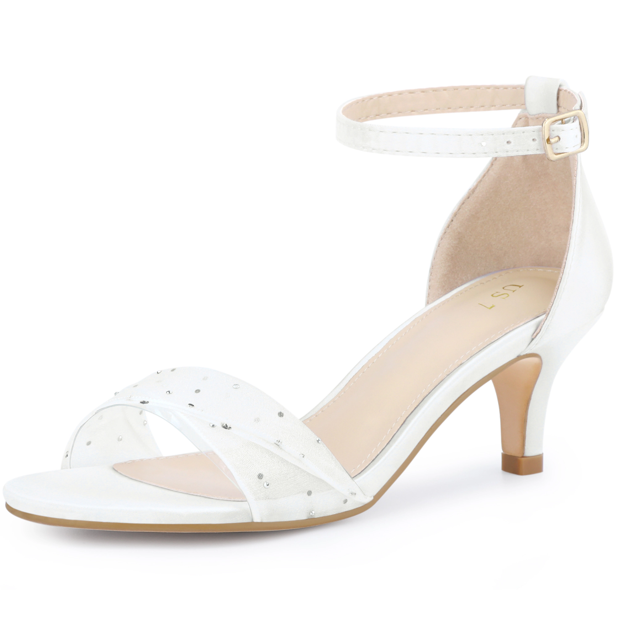 BLISSFUL STEP Women's Rhinestone Mesh Ankle Strap Kitten Heel Party Sandals