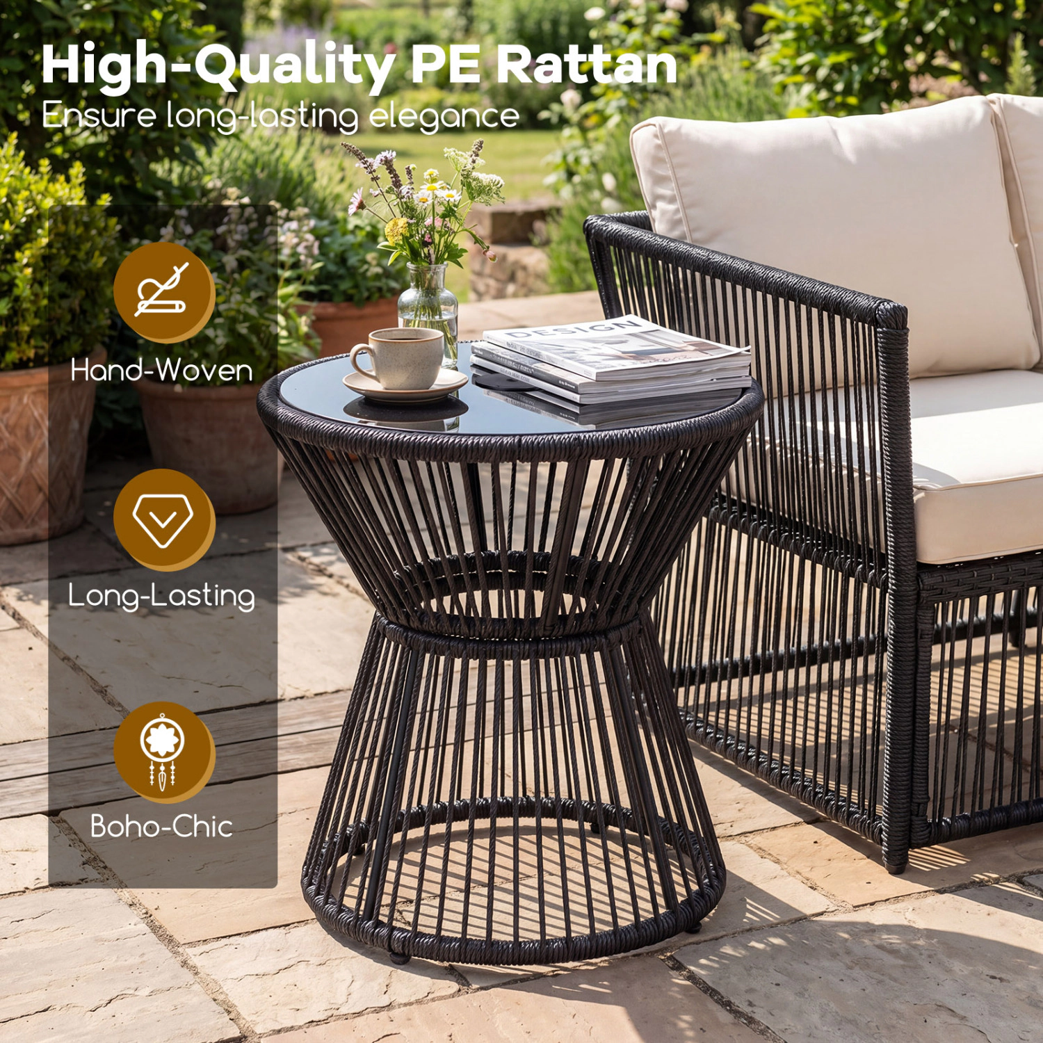 Hivvago Outdoor Side Table With Led Warm Light And Tempered Glass Top