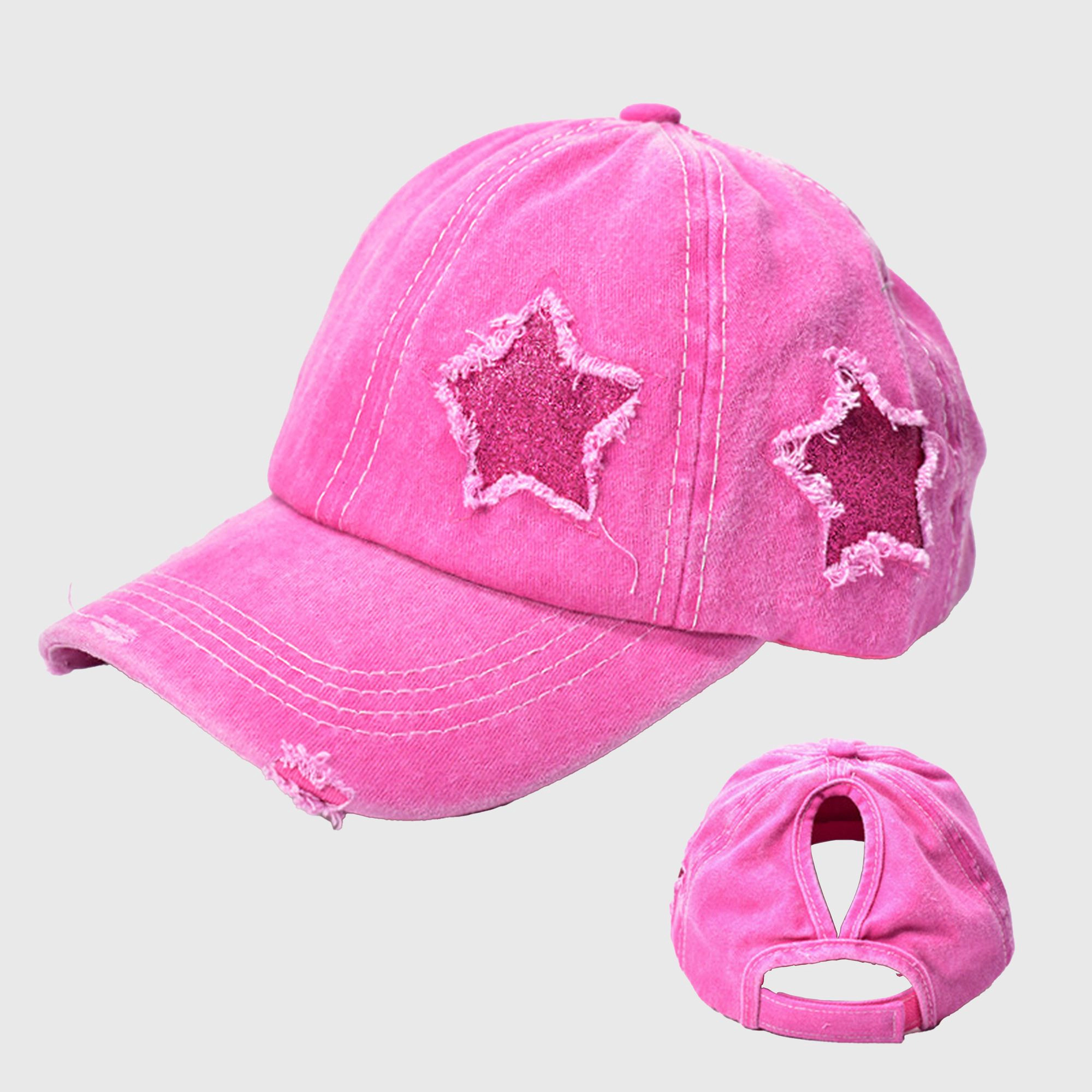 Anna-Kaci Women's Distressed Baseball Cap with Glitter Star Patches