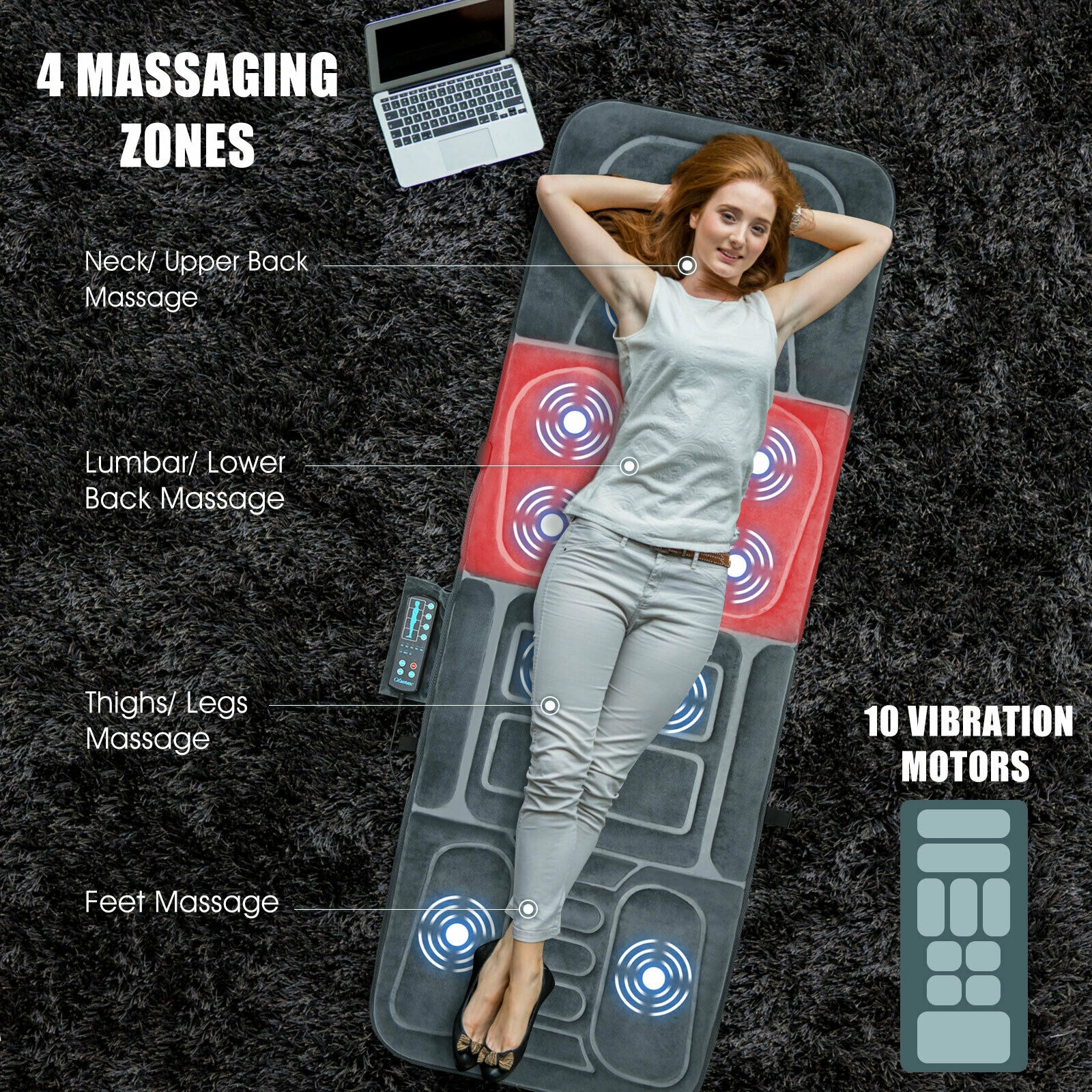 SUGIFT Gray Foldable Full Body Massage Mat with Heat and 10 Vibrating Motors 65-in W 25.5-in D 5 Intensity Modes