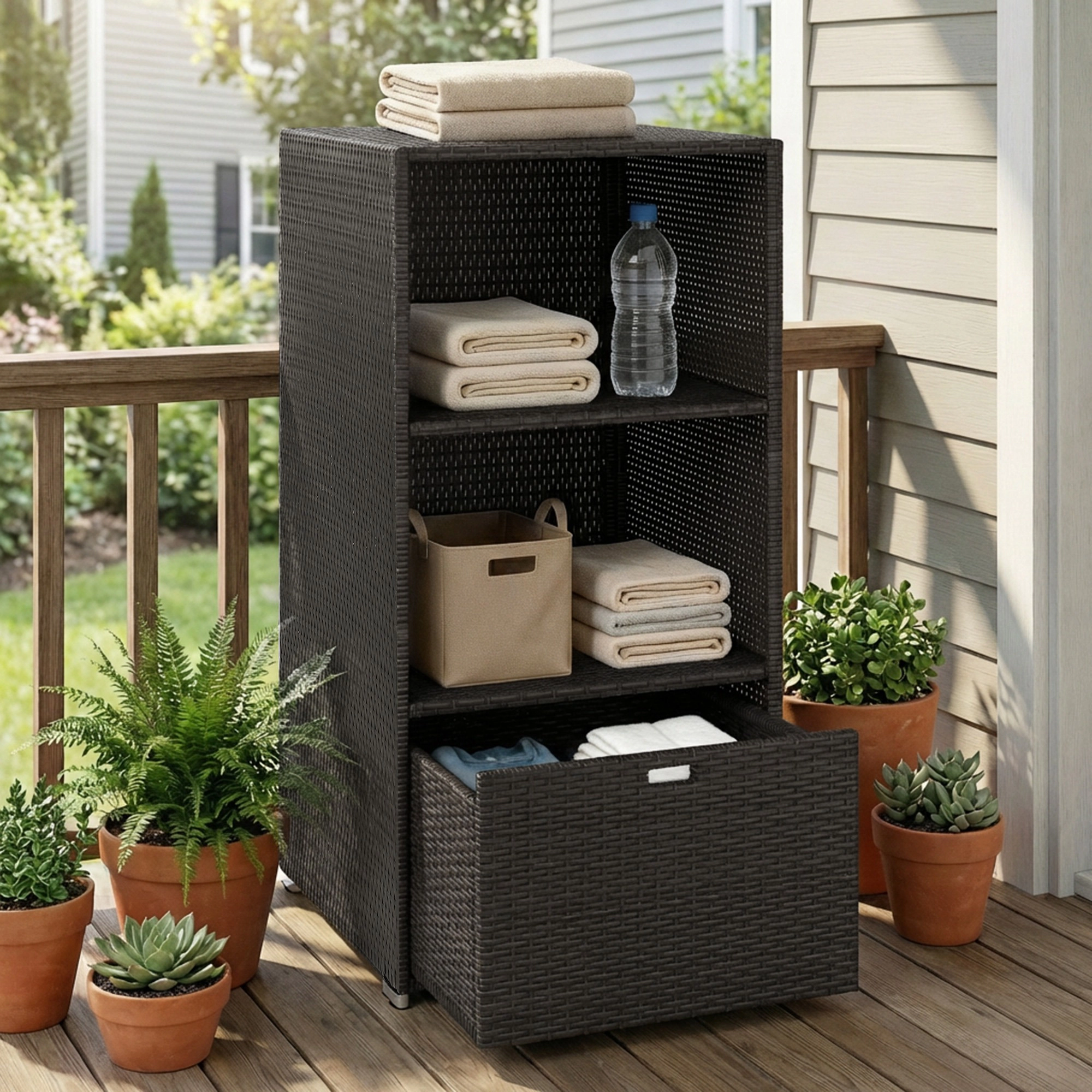 HONGGE Valet Pool Towel Rack, Water-Resistant PE Plastic Rattan Wicker Storage Organizer, 2 Shelves, 1 Basket Drawer