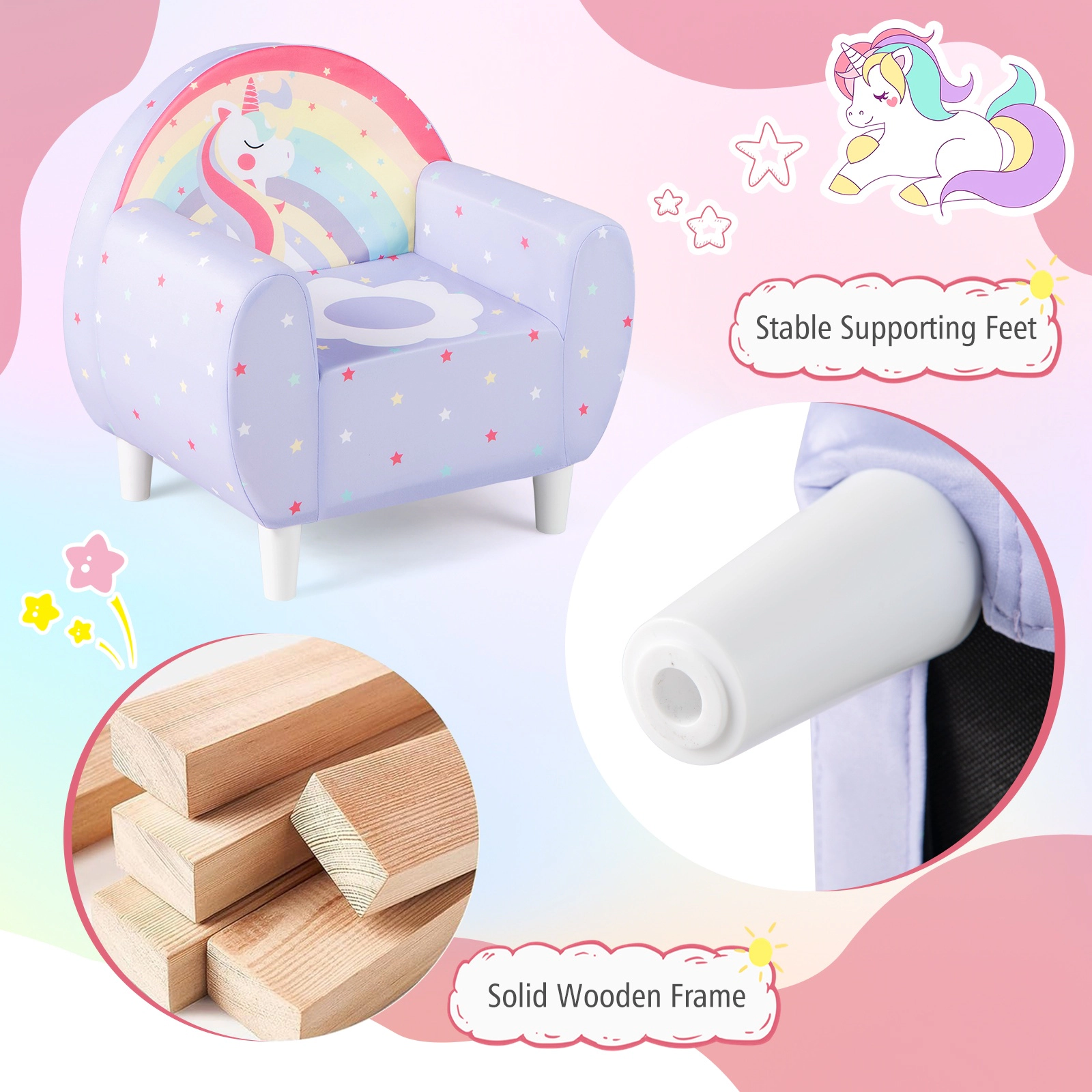 SUGIFT Purple Breathable Spandex Cover Unicorn Print and Wooden Frame Kids Sofa