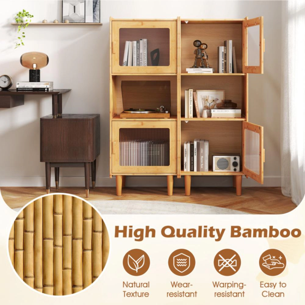 Hivvago 3-Cube Bamboo Cabinet Featuring Open Compartment and Two Clear Acrylic Doors