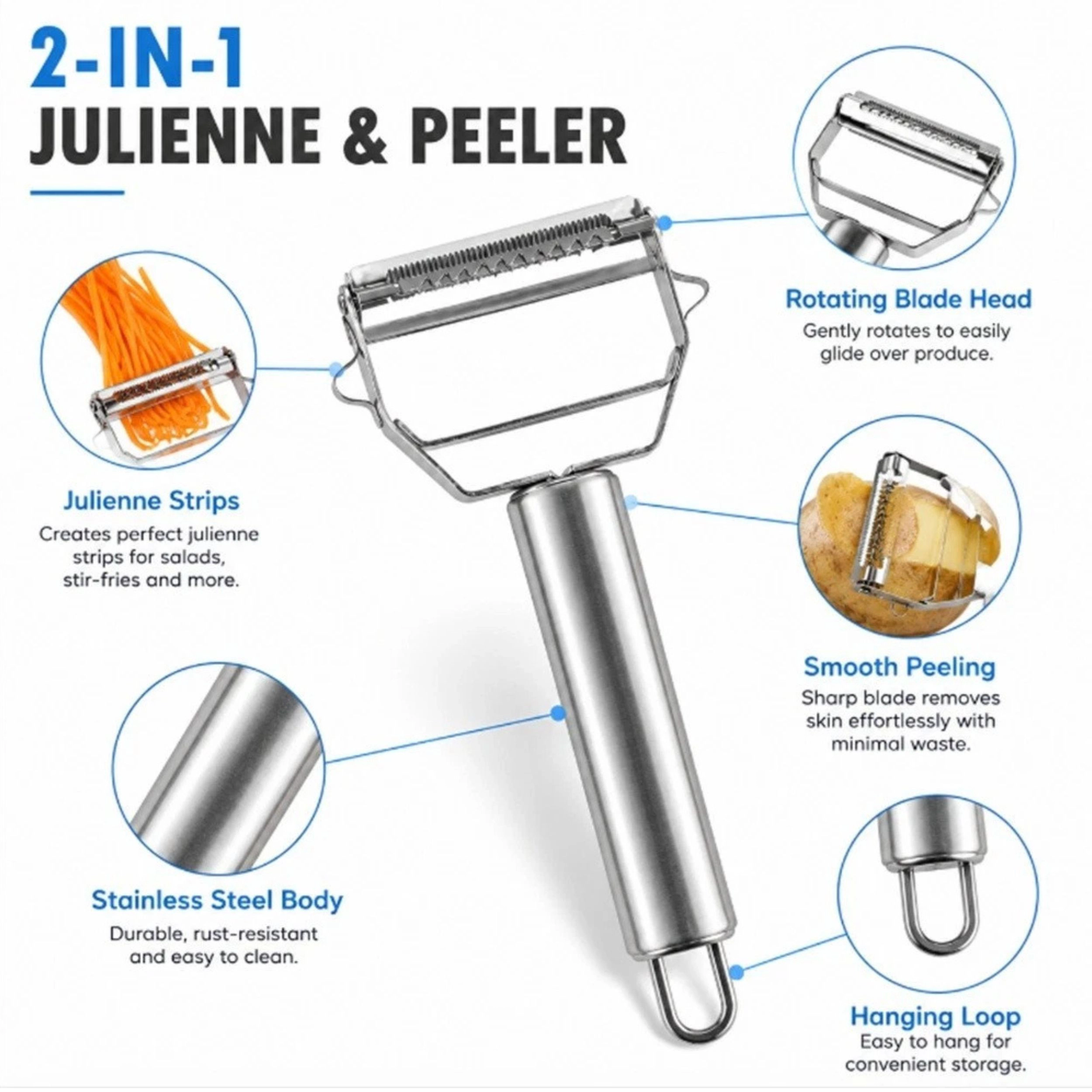 Home Collection Stainless Steel Dual Blade Peeler Julienne Slicer for Fruits & Vegetables