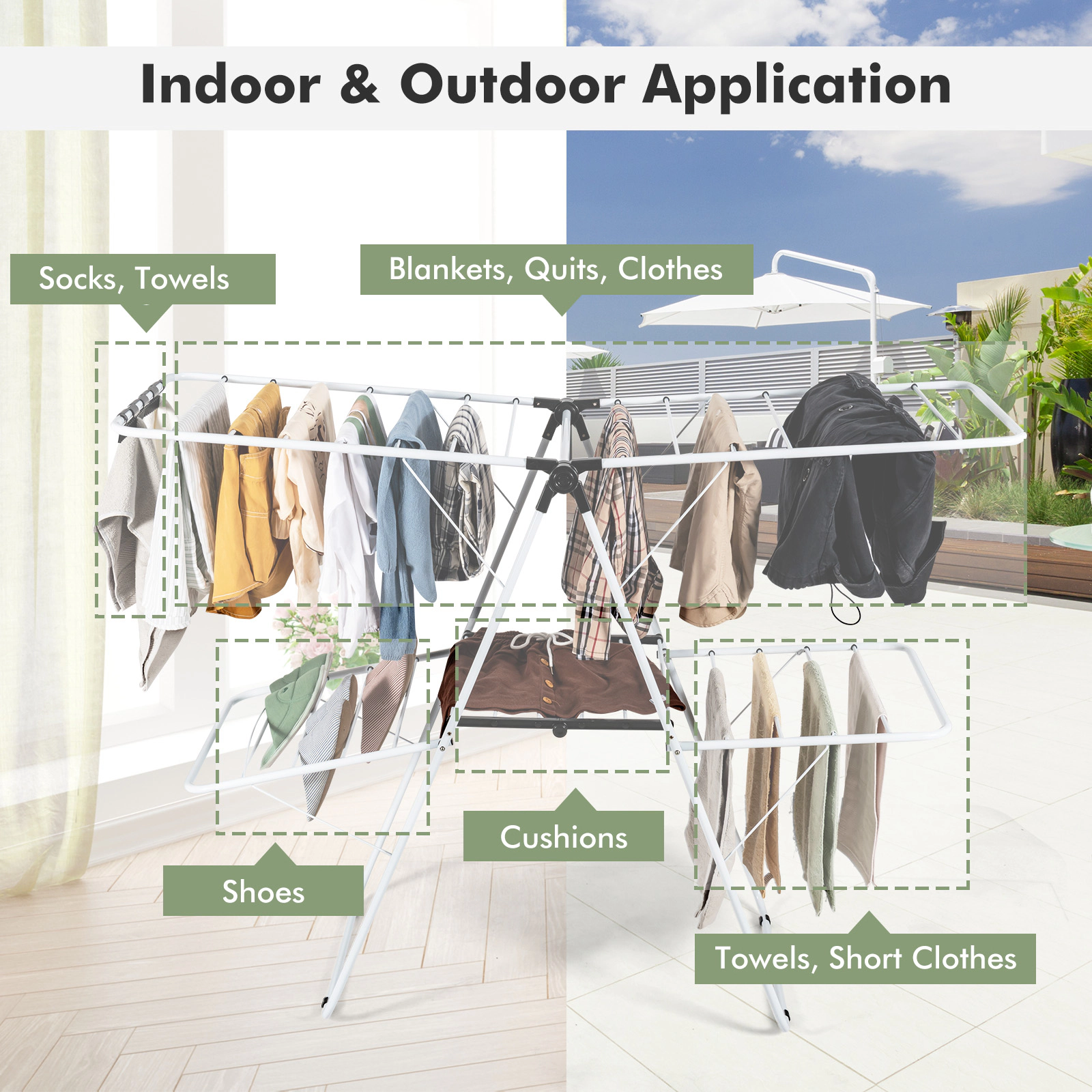 SUGIFT 2-Tier Foldable Clothes Drying Rack White with Adjustable Gullwing Arms