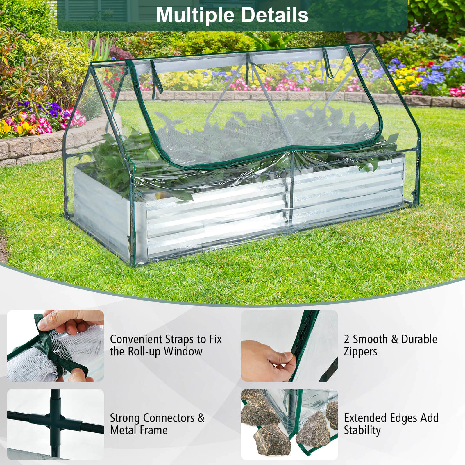 SUGIFT 6-ft x 3-ft Silver Galvanized Raised Garden Bed with PVC Greenhouse Cover and 2 Roll-Up Windows
