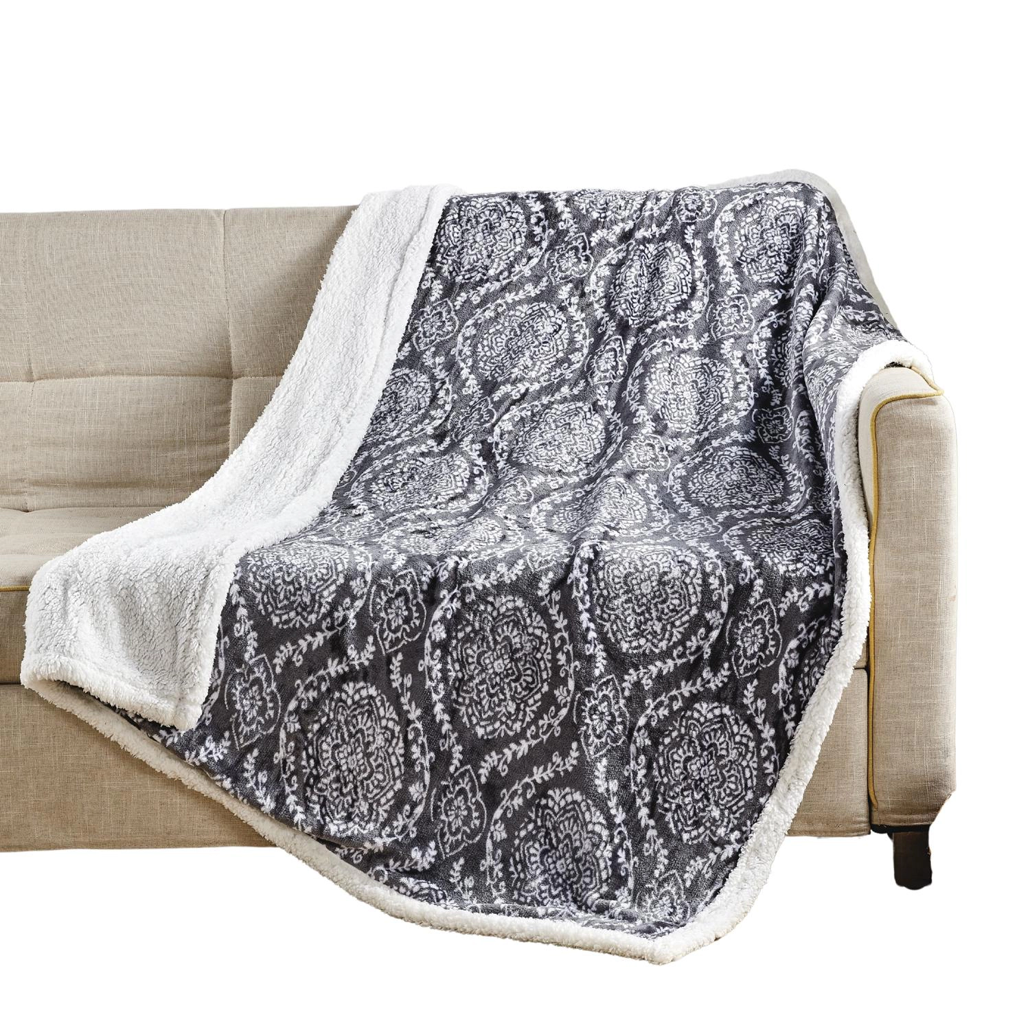 Plazatex Gracey with Sherpa Plush Decorative All Season Plum Throw Blanket 50" x 60" Grey