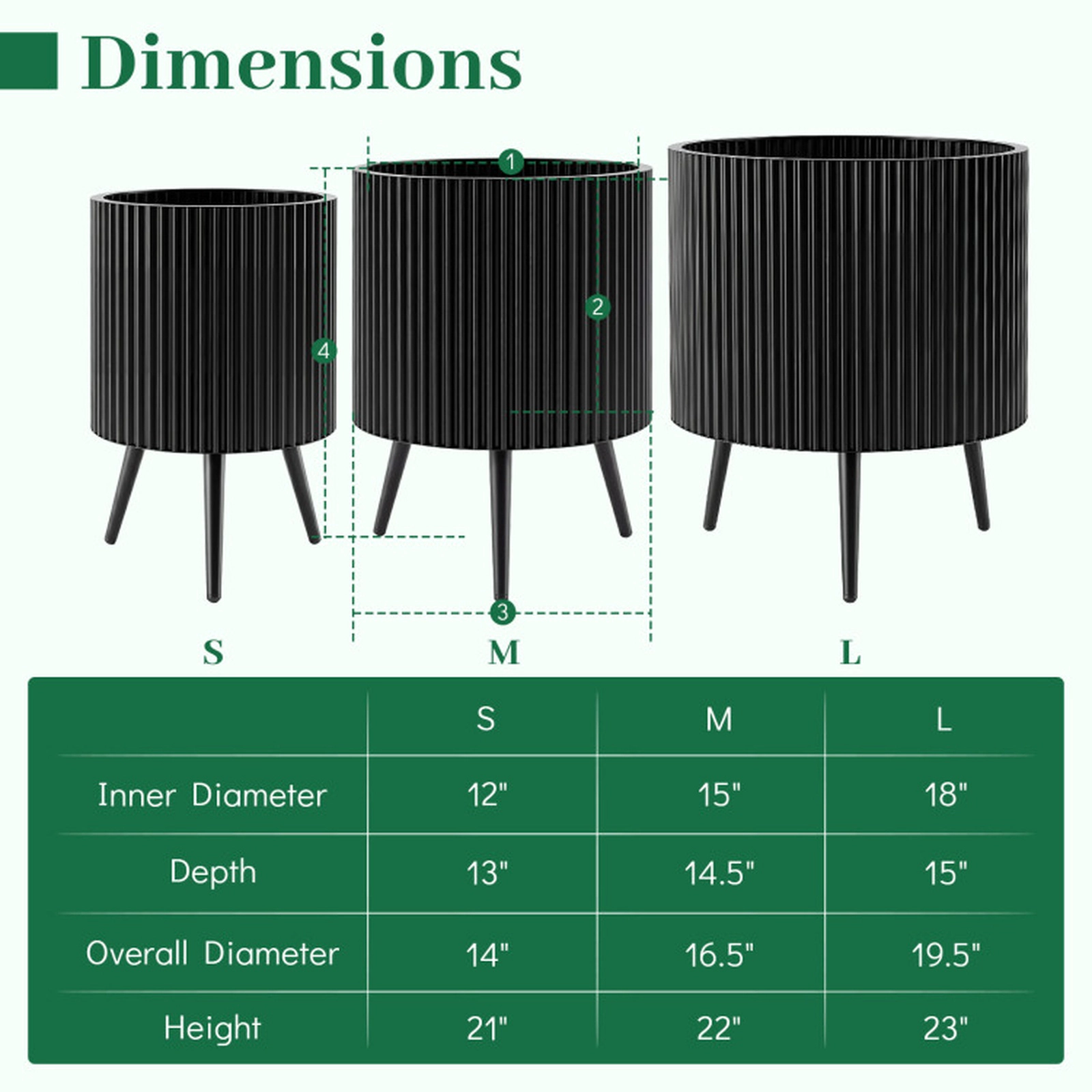SUGIFT Black Fluted Metal Plant Pot with Stand and 3 Tapered Legs 16.5-in Dia 22-in H 110-lb Pot Capacity