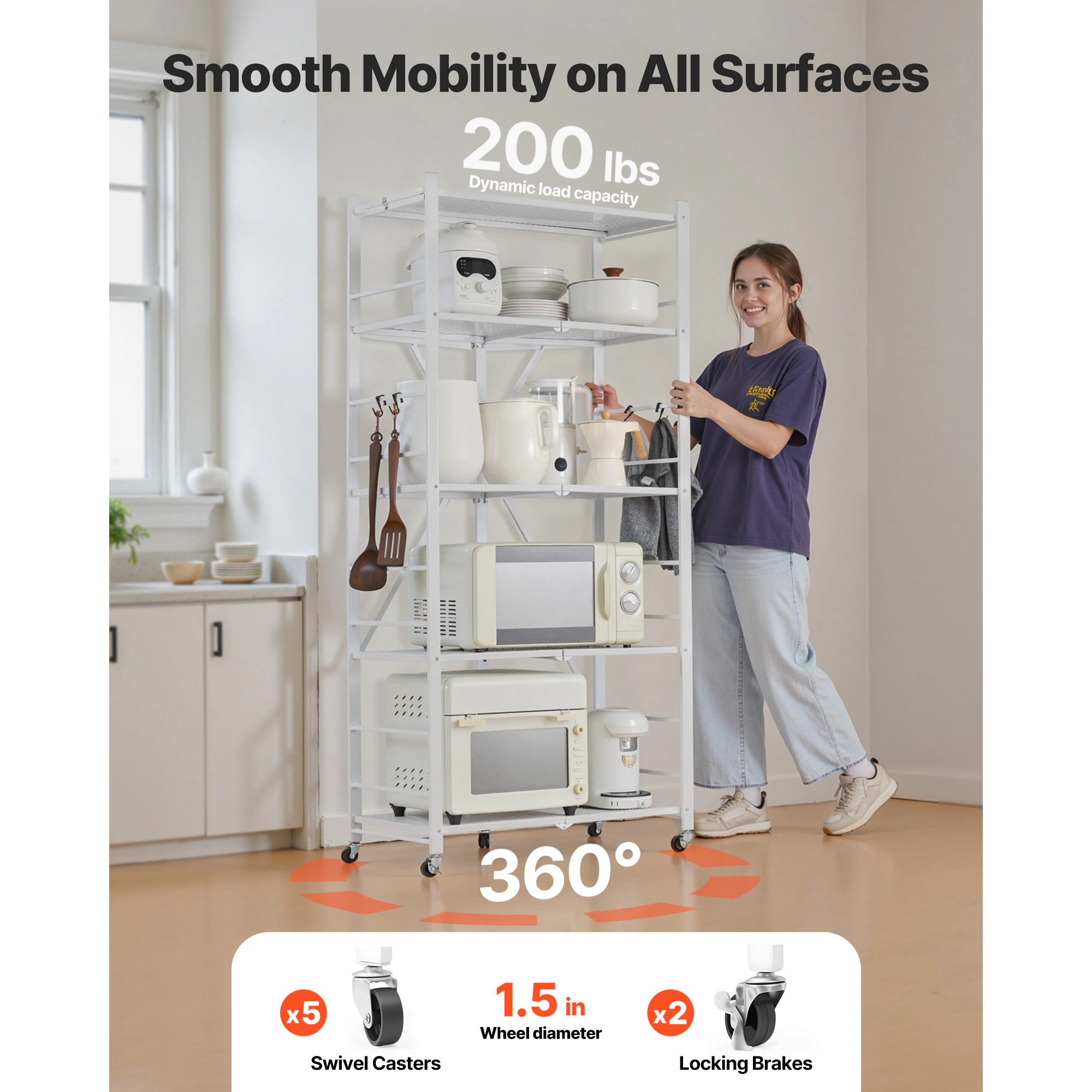 HONGGE Foldable Storage Shelf Folding Metal Rack Shelving Unit No Assembly Organizer Shelf with 5 Wheels & 4 Hooks for