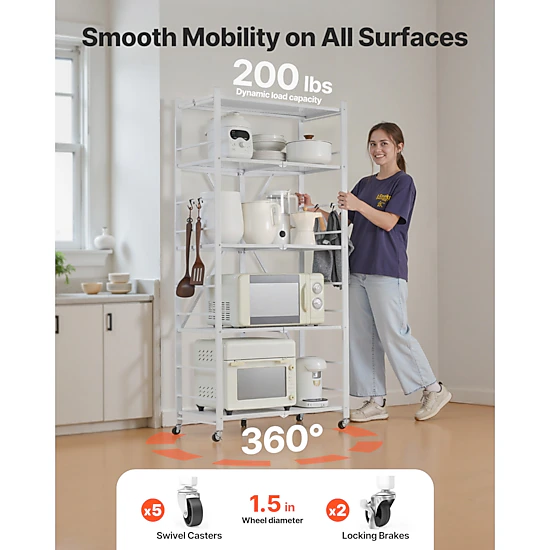 Flynama Folding Storage Shelf with Wheels 5-Tier Metal Shelving Unit White
