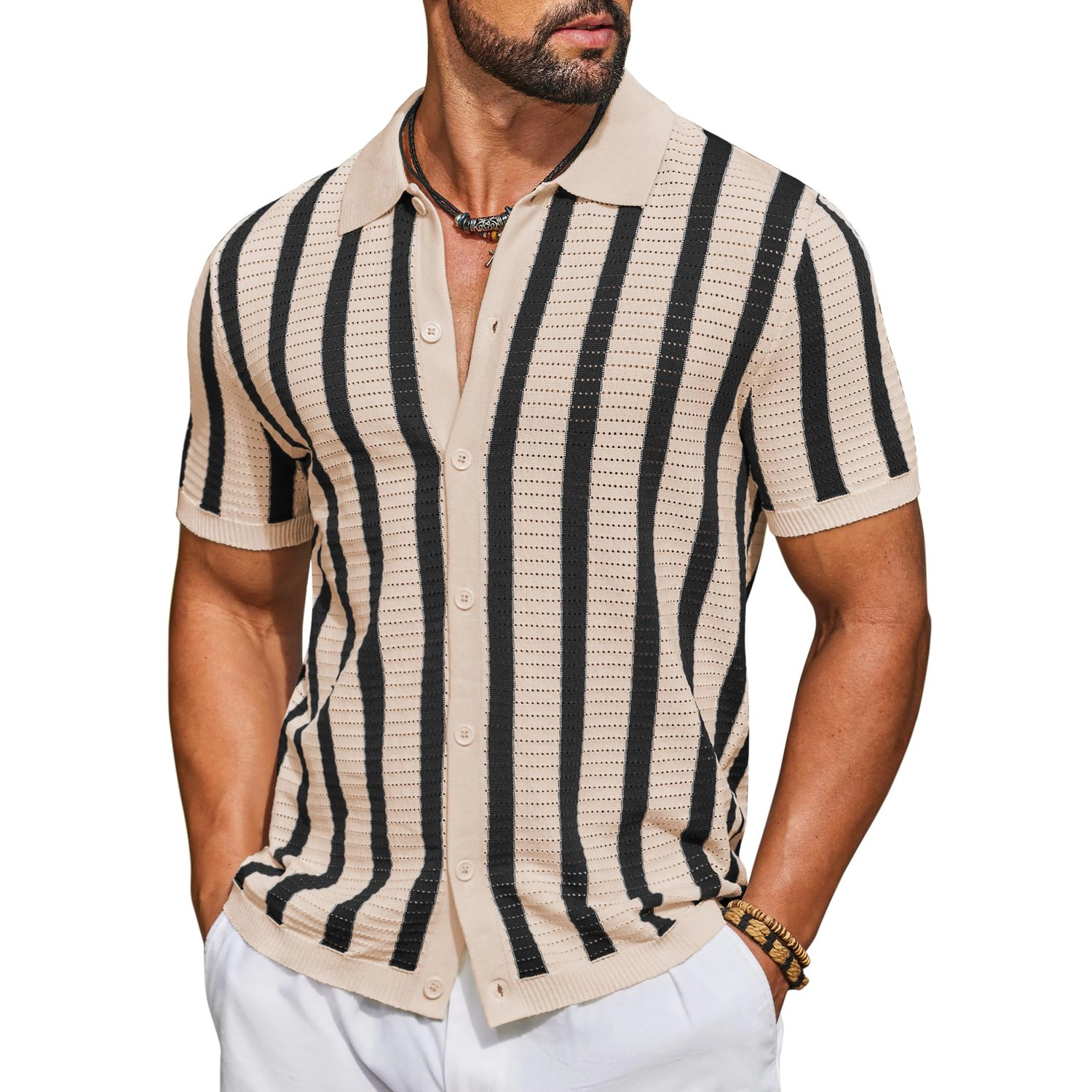 COOFANDY Mens Short Sleeve Button Down Shirt Striped Polo Collar Casual  Top