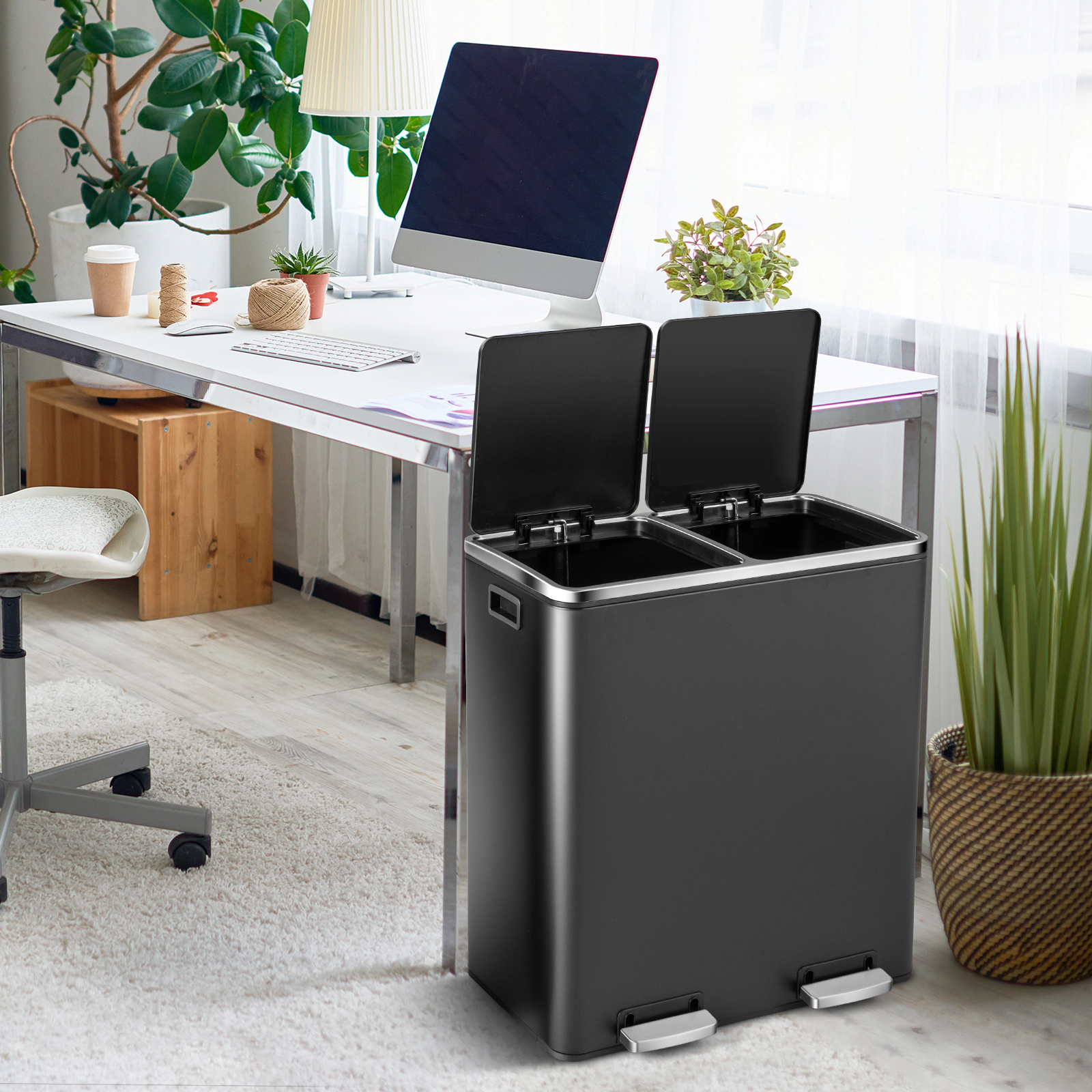 SUGIFT 16-Gallon Dual Compartment Step Trash Can Soft-Close Lids 2 x 8-Gallon Inner Buckets 23 x 13 x 26-in Silver/Black