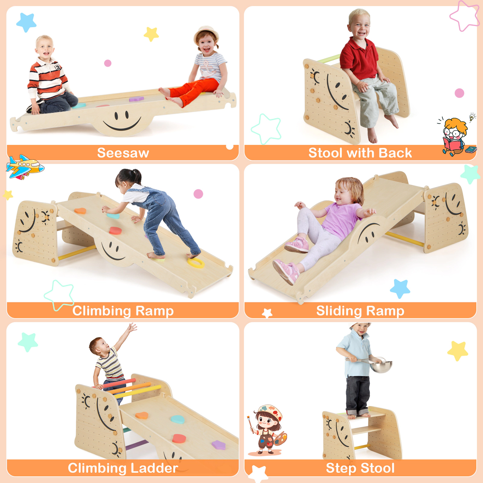 SUGIFT Multicolor Seesaw and 47 Inch Ramp Kids Wooden Climbing Toy Triangle Climber Set