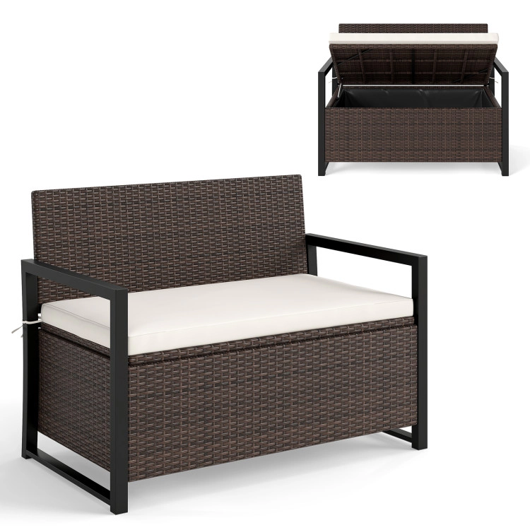SUGIFT 2-Seat 40-Gallon Off White Cushion PE Rattan Storage Bench 46-in x 24.5-in x 33.5-in 800-lb Capacity Brown