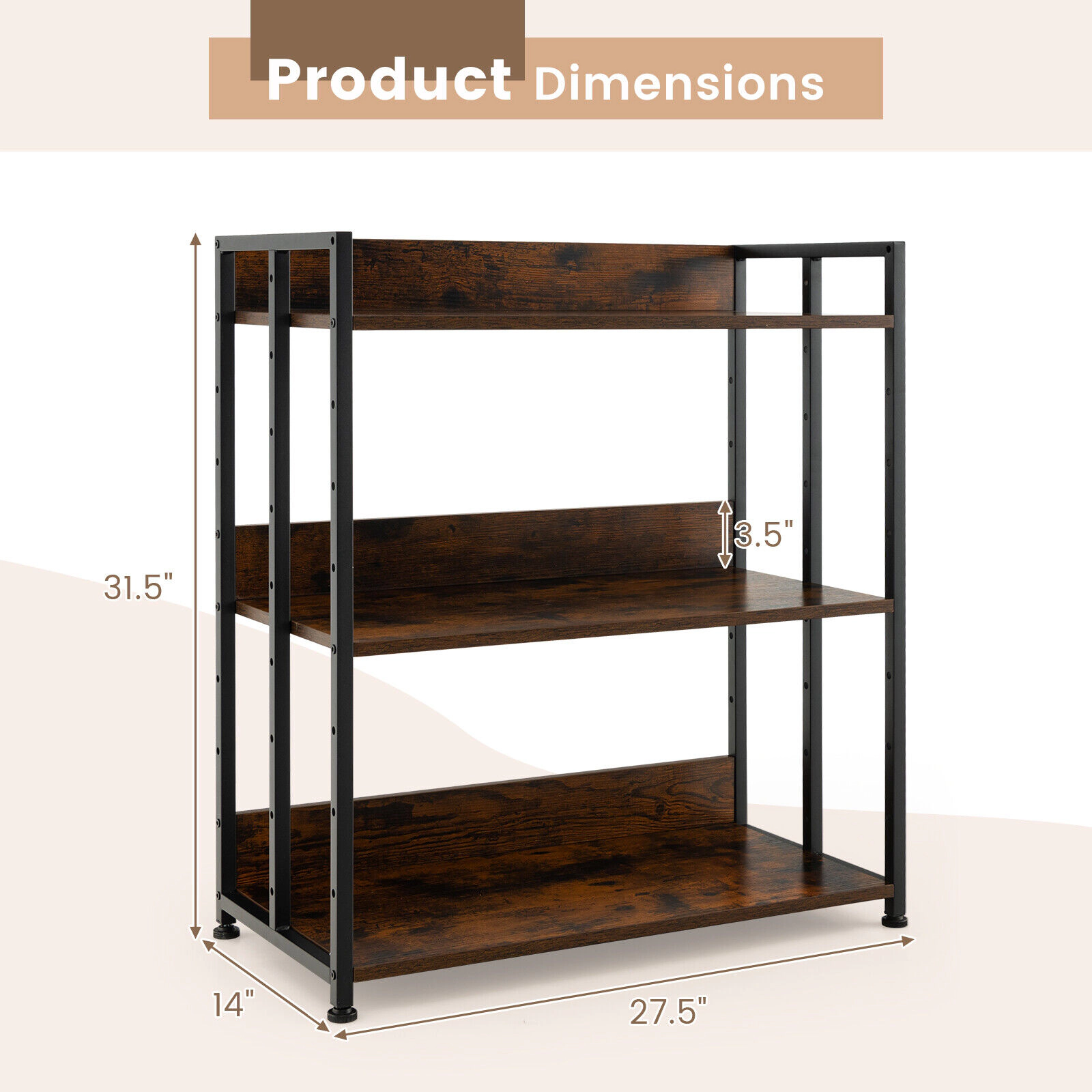 SUGIFT Rustic Brown 3-Tier Industrial Bookshelf with Adjustable Shelves and Raised Edges