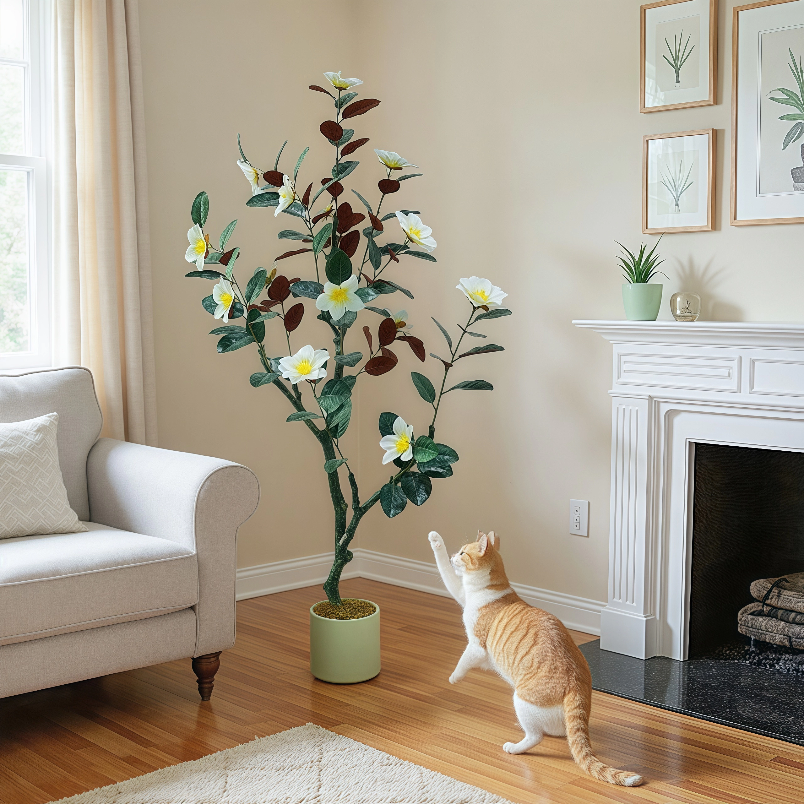 5FT Artificial Magnolia Flower Tree with Pot,Real Touch Silk Faux Plant Decor