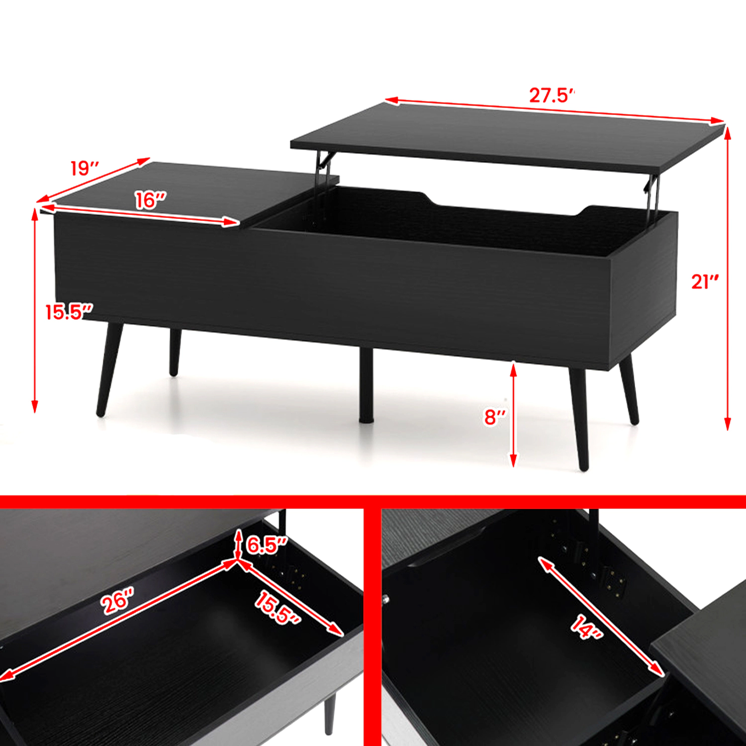 Hivvago Modern 47" Coffee Table with Lift-Top Design and Two Secret Storage Spaces