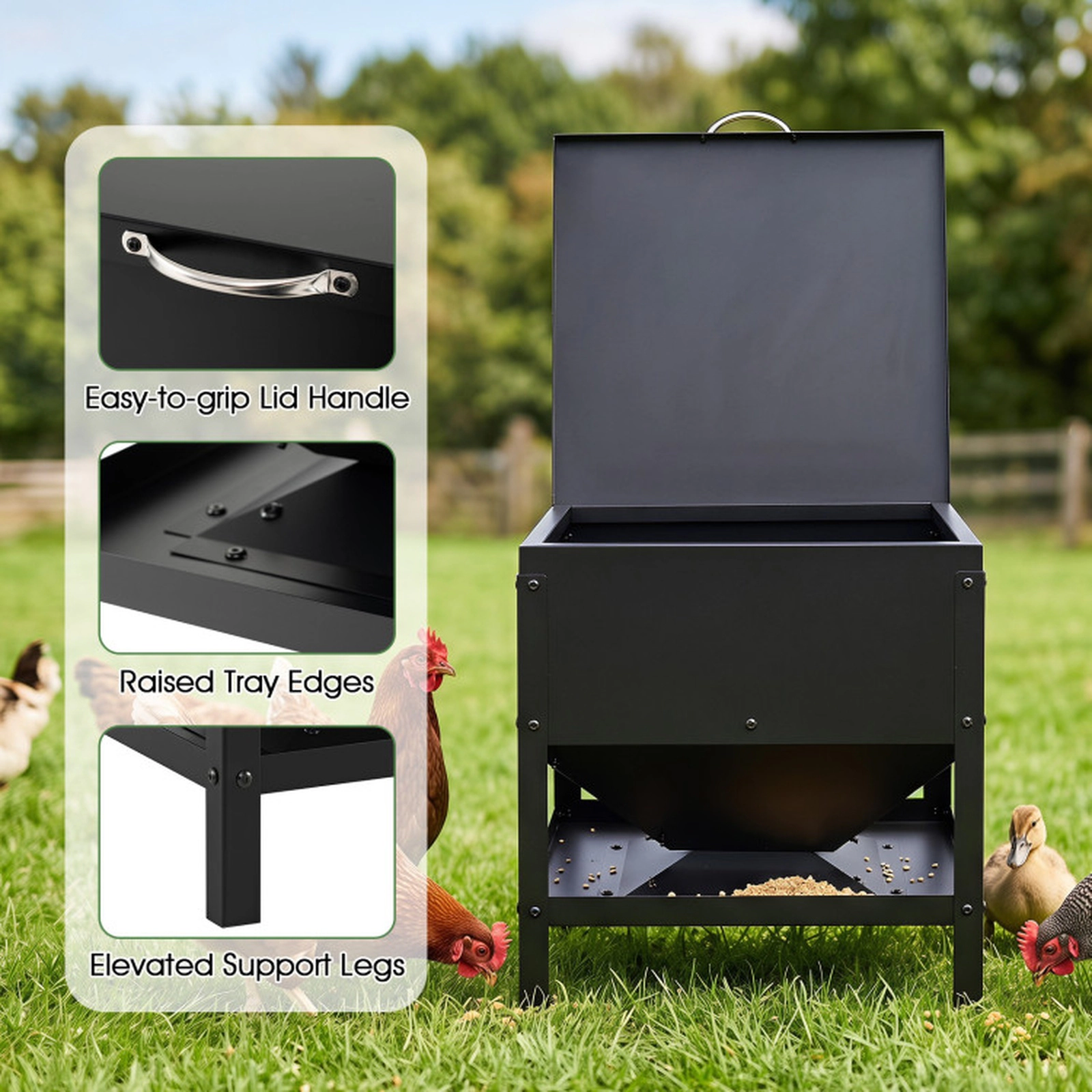 SUGIFT Large Capacity Galvanized Metal Chicken Feeding Box Pet Food Container with Openable Lid 19-in Tall Black