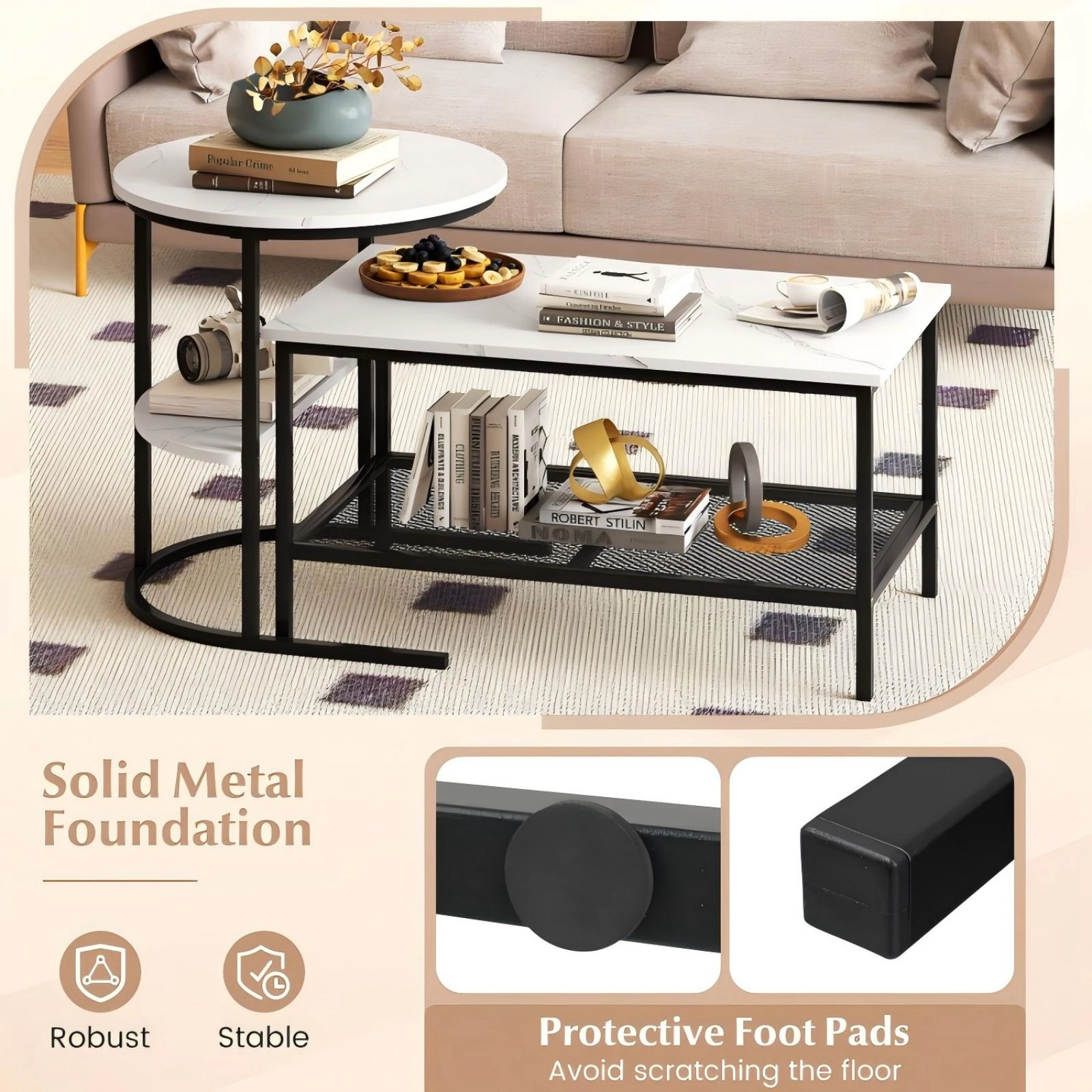 SUGIFT 2-Piece Coffee and Side Table Set, White and Black, Mesh Shelves, 100 lb Tabletop Capacity