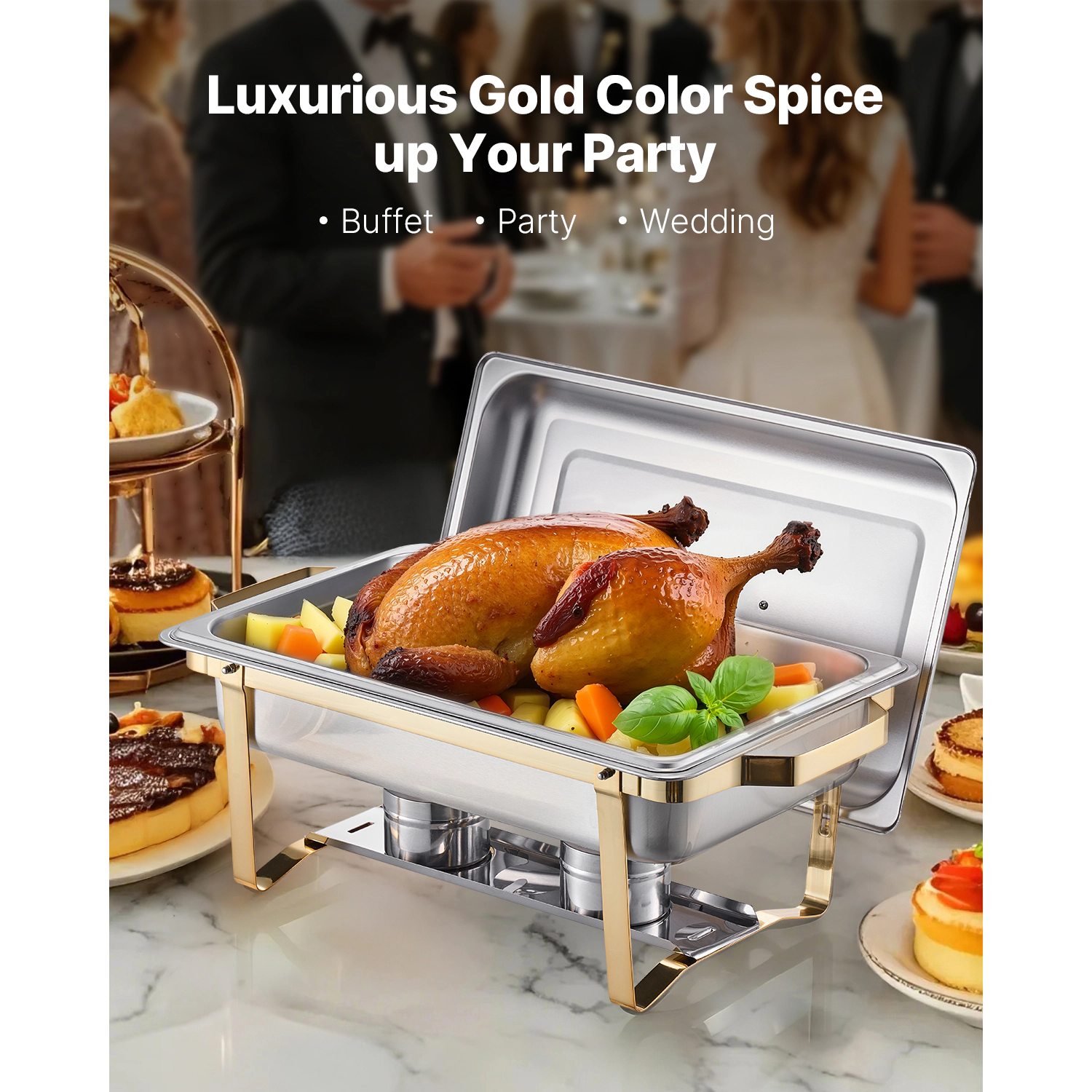 HONGGE Chafing Dish Buffet Set 8 Qt Stainless Steel Chafer with Full Pans Rectangle Catering Warmer Server
